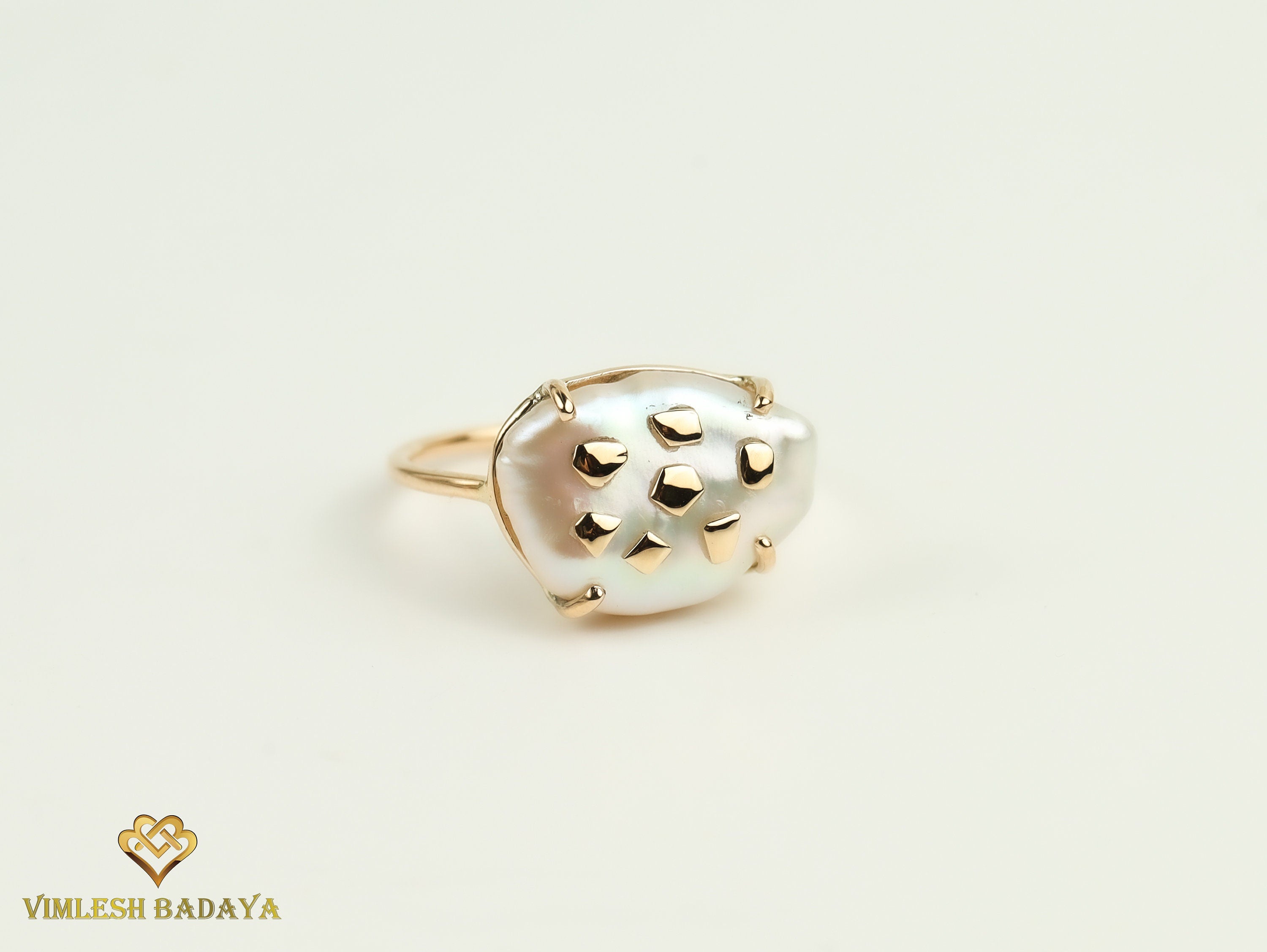 Handmade Baroque Pearl Ring | Unique 5-Carat White Pearl Engagement Ring with Gold Chips -
