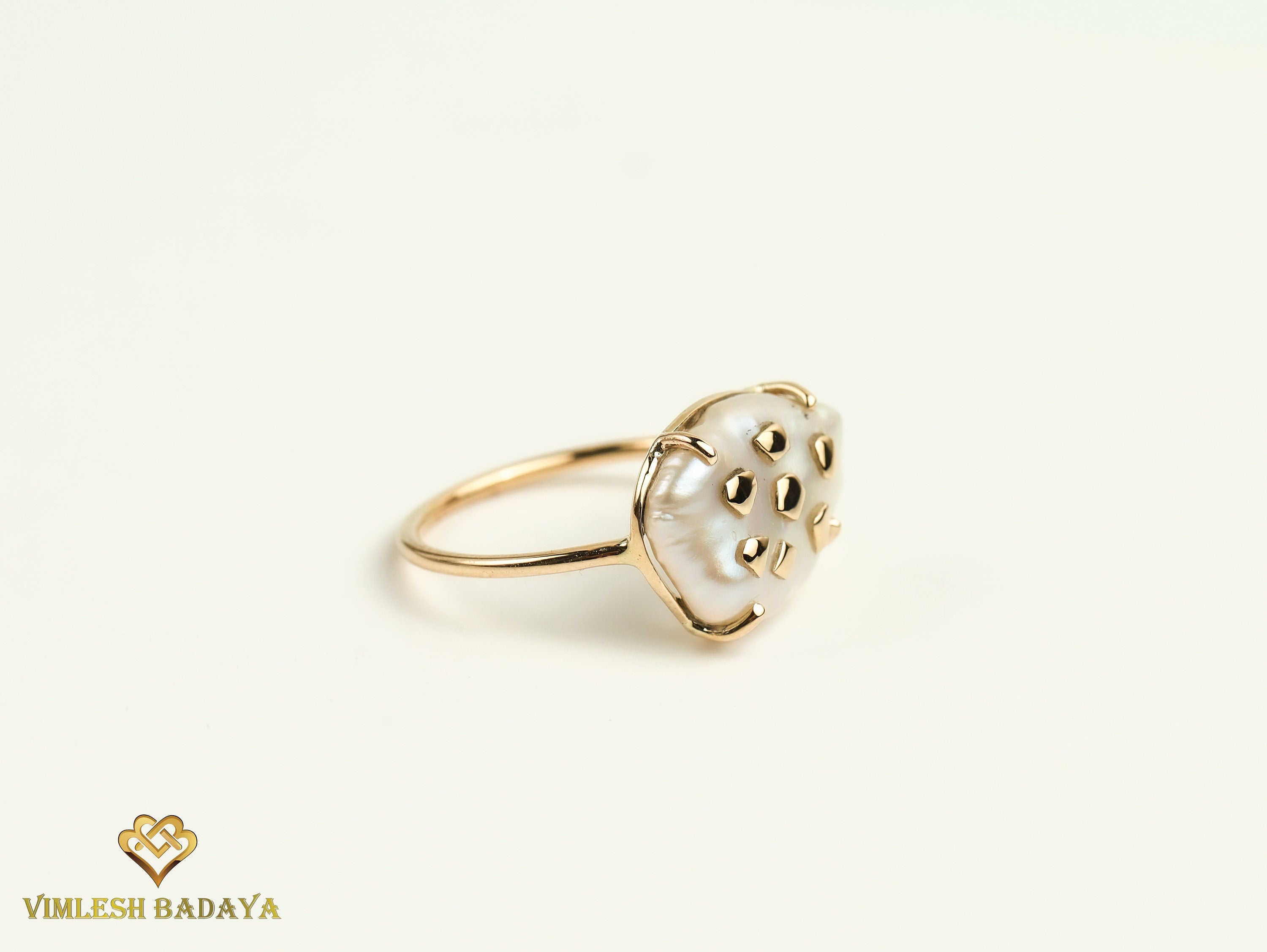 Handmade Baroque Pearl Ring | Unique 5-Carat White Pearl Engagement Ring with Gold Chips -