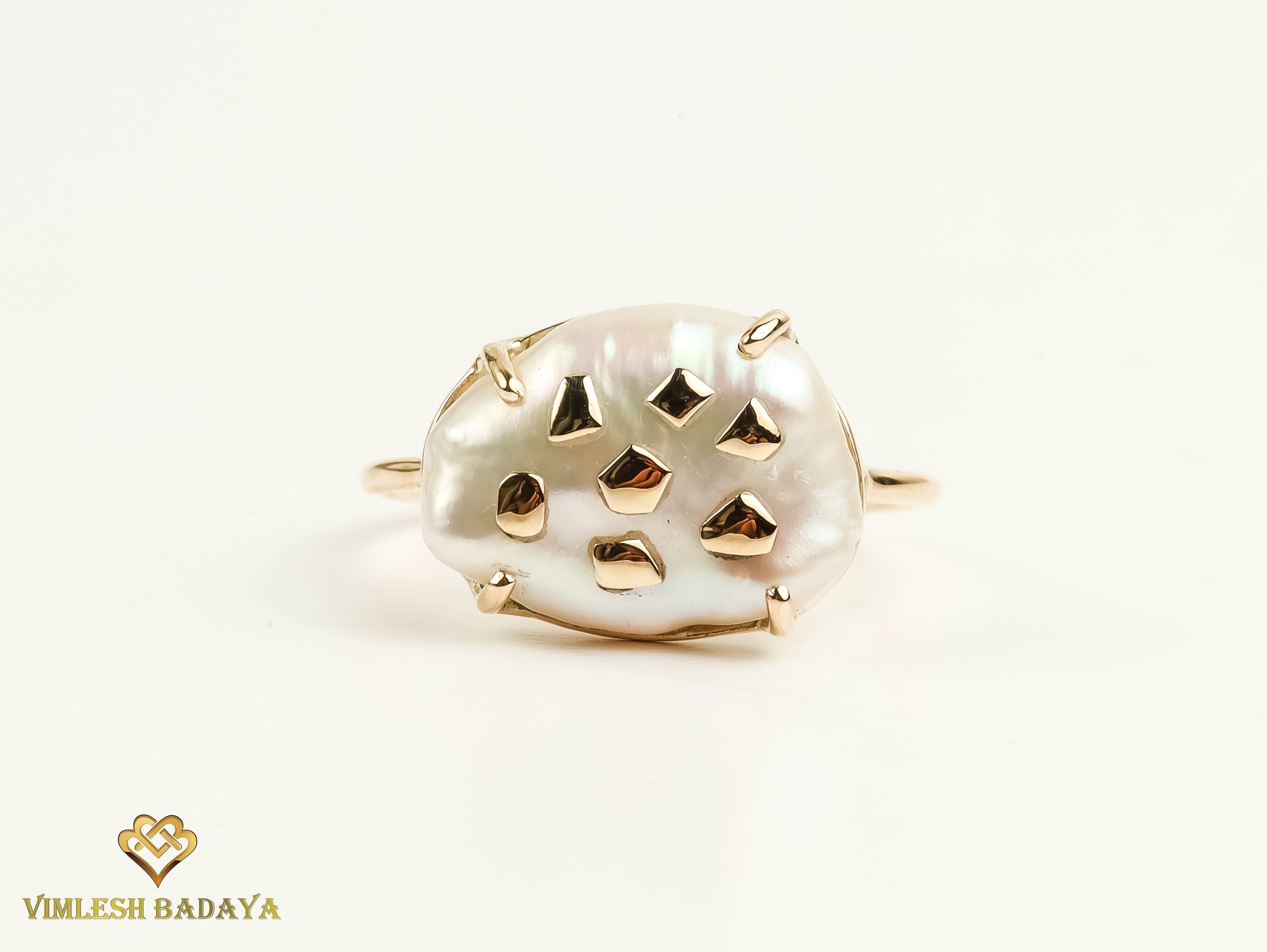 Handmade Baroque Pearl Ring | Unique 5-Carat White Pearl Engagement Ring with Gold Chips -