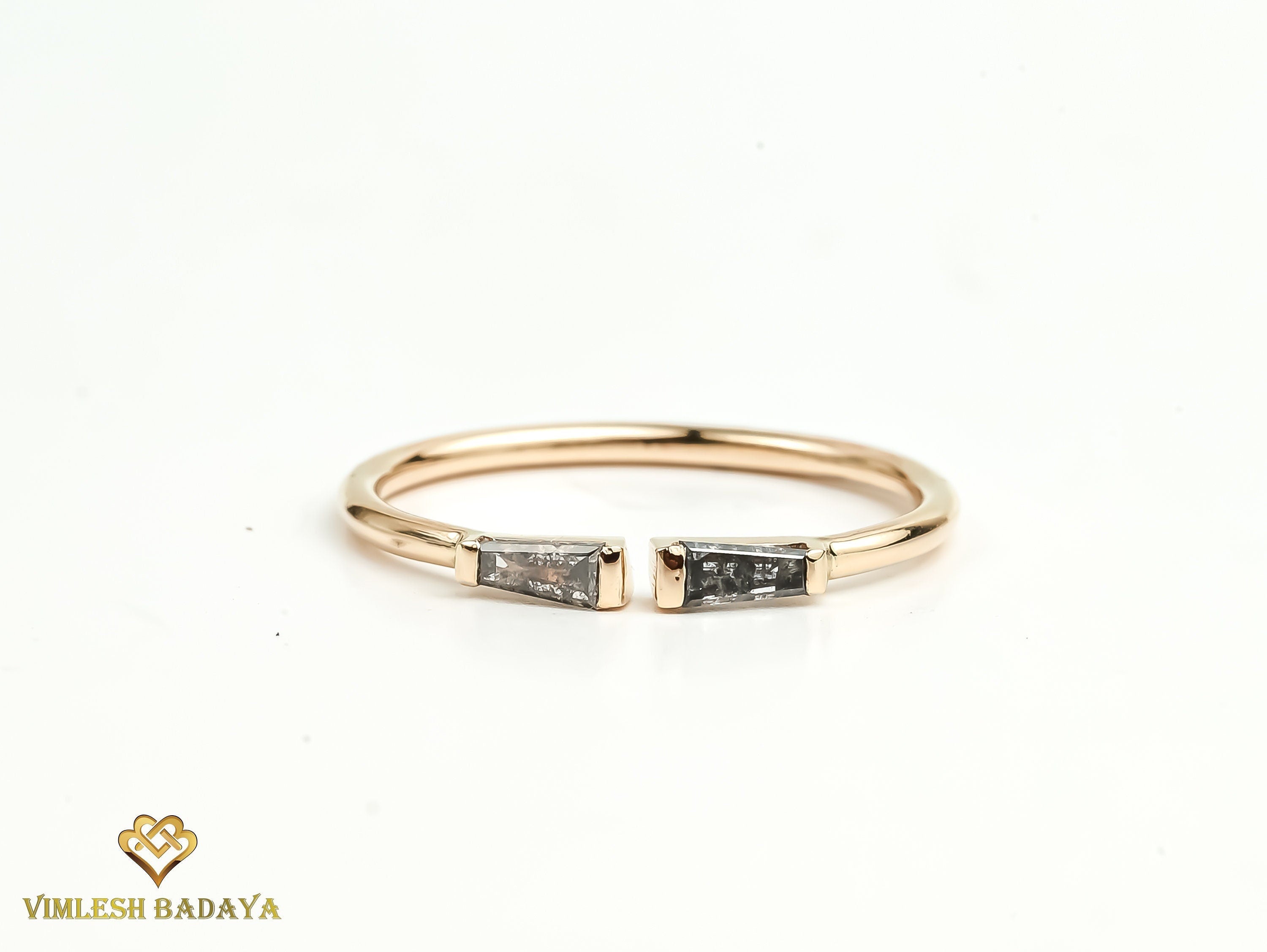 Adjustable Gray Diamond Baguette Ring | Salt and Pepper Taper Diamond Stacking Ring -