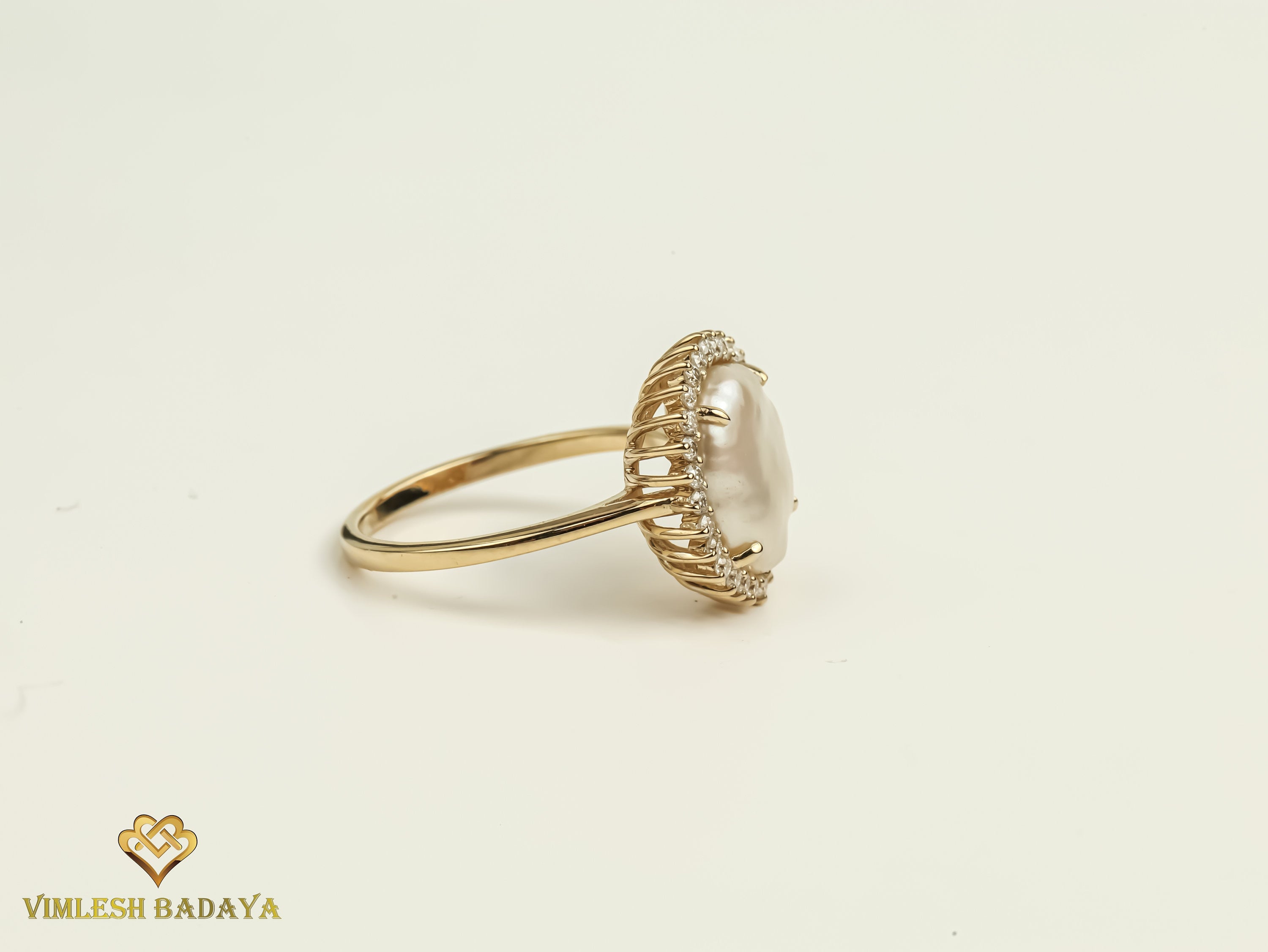 Baroque Pearl Halo Ring | 5 Carat Pearl Engagement Ring | White Pearl and Diamond Ring -
