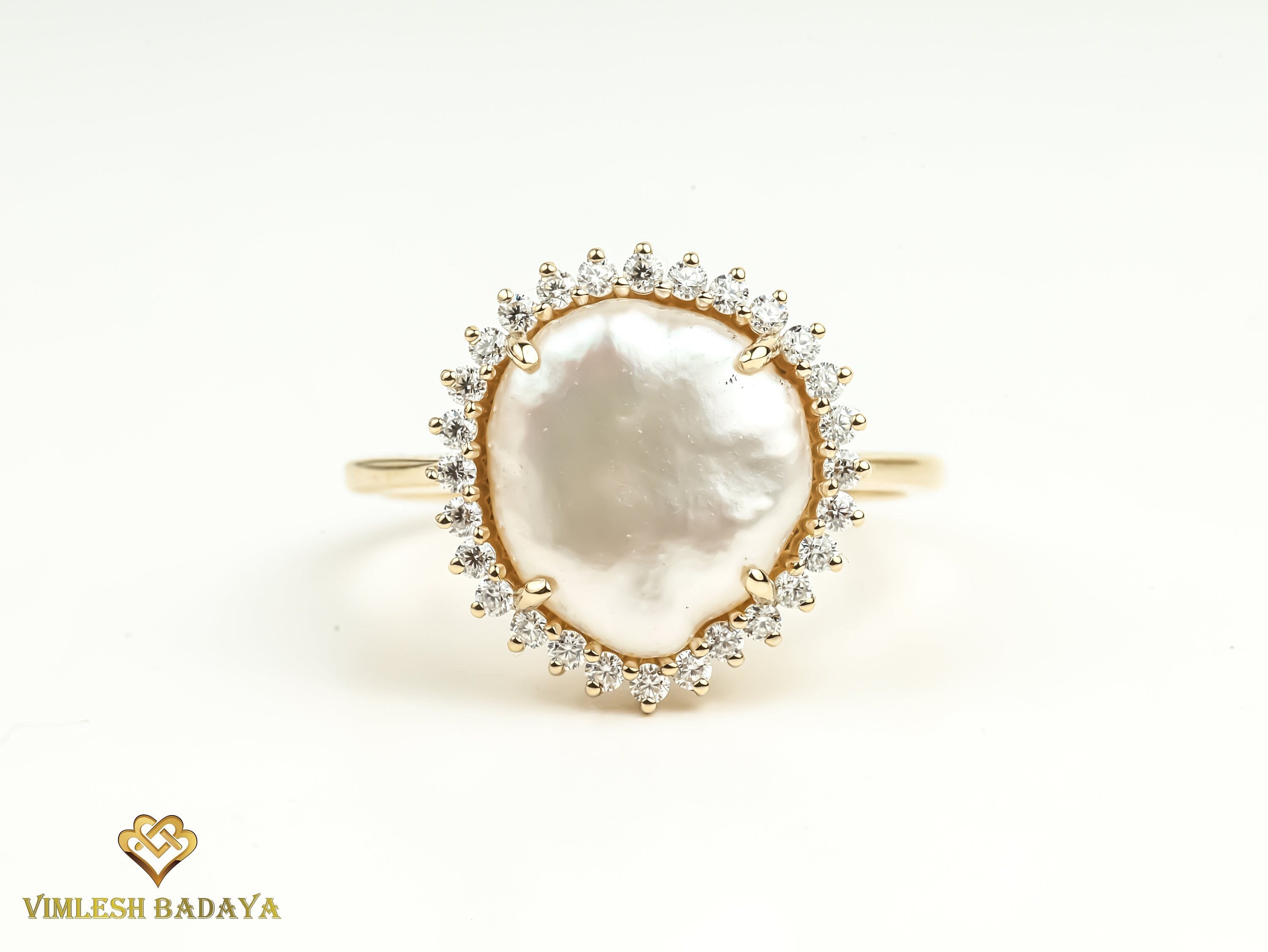 Baroque Pearl Halo Ring | 5 Carat Pearl Engagement Ring | White Pearl and Diamond Ring -