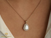 Baroque Pearl and Diamond Halo Necklace | Solid Gold Pearl Necklace -