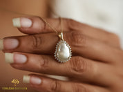 Baroque Pearl and Diamond Halo Necklace | Solid Gold Pearl Necklace -