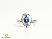 Vintage Blue Sapphire & Diamond Baguette Engagement Ring | 1ct Oval Cut Sapphire & Diamond Wedding Ring -