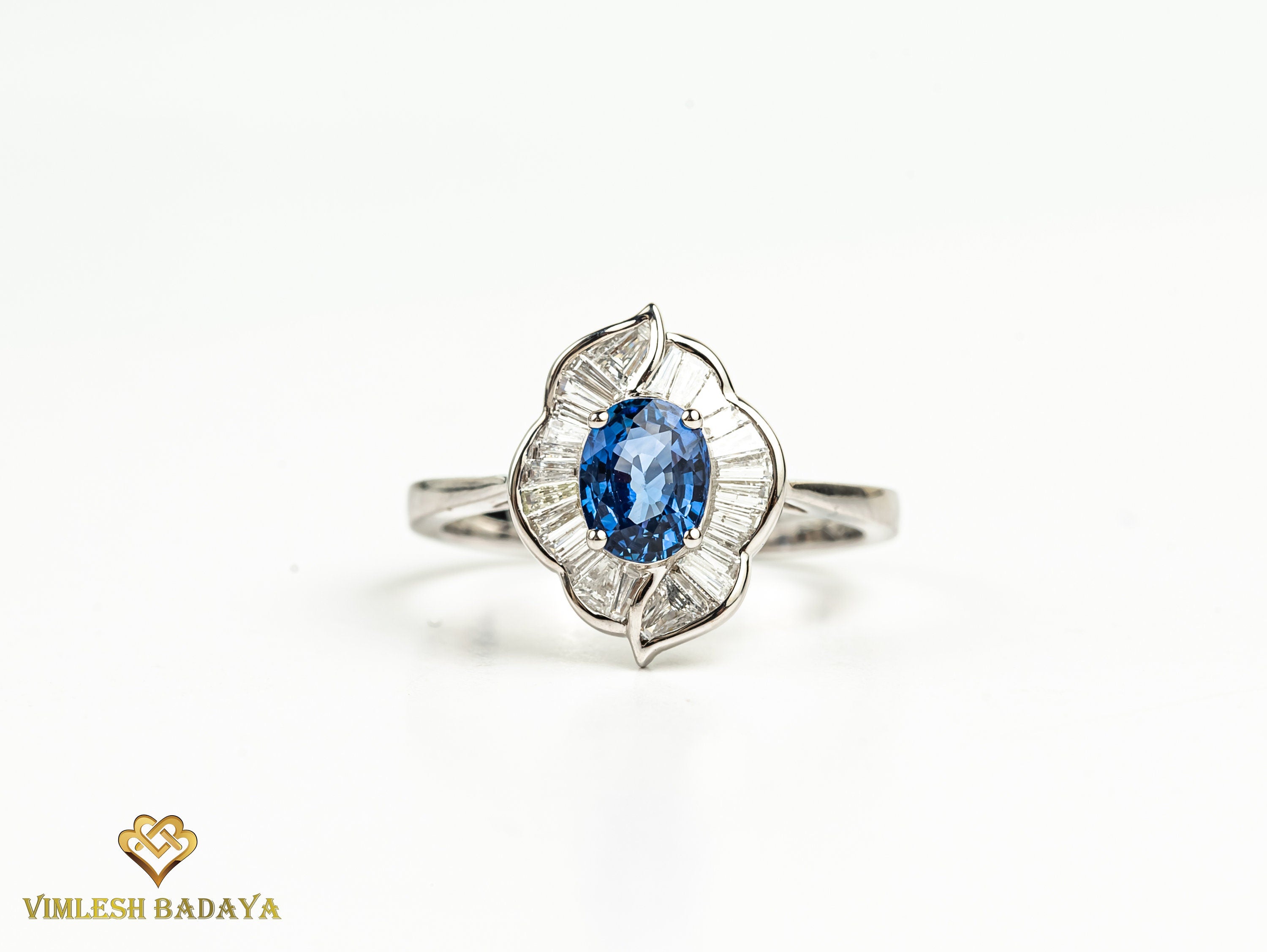 Vintage Blue Sapphire & Diamond Baguette Engagement Ring | 1ct Oval Cut Sapphire & Diamond Wedding Ring -