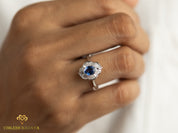 Vintage Blue Sapphire & Diamond Baguette Engagement Ring | 1ct Oval Cut Sapphire & Diamond Wedding Ring -