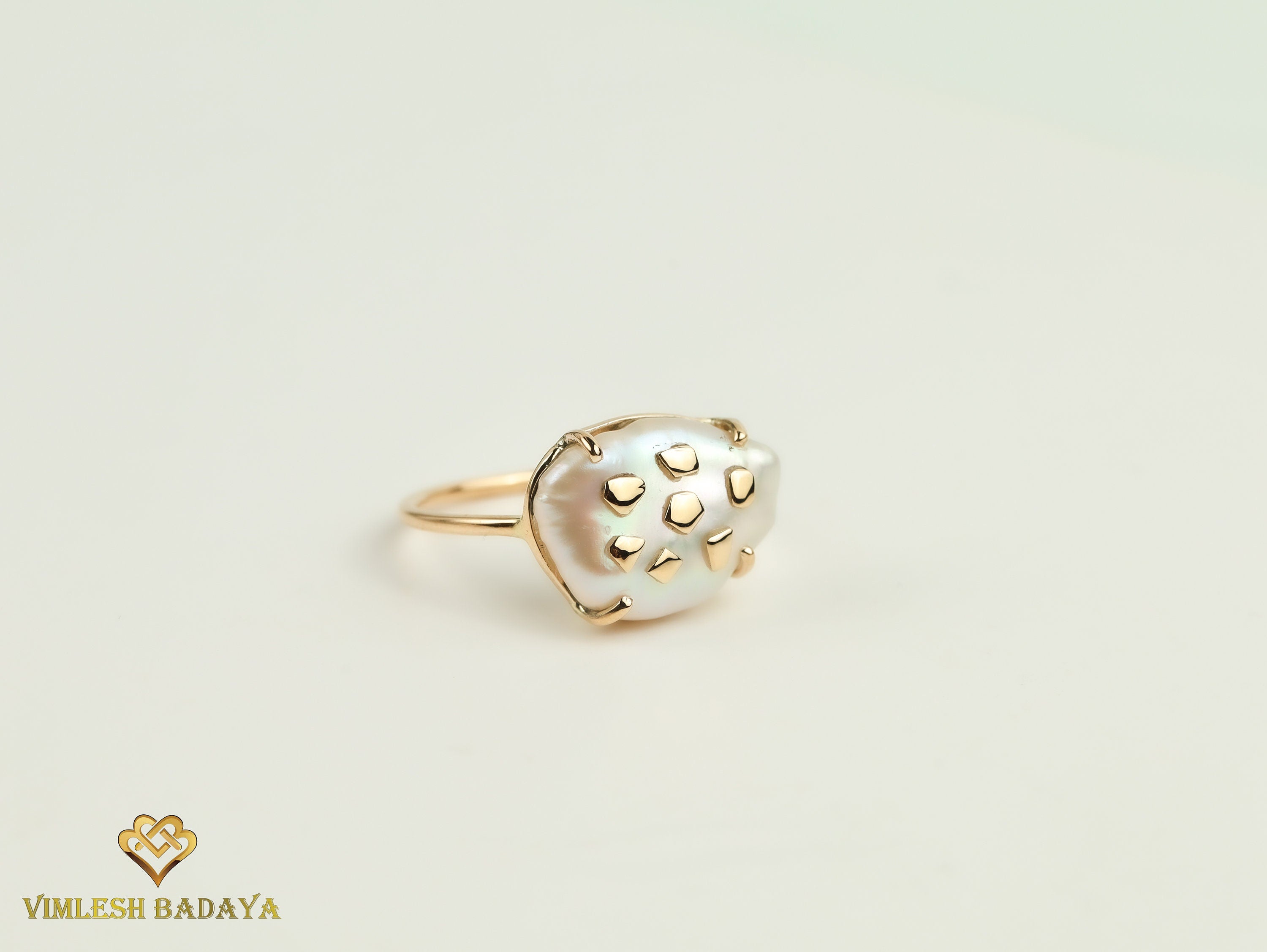 Handmade Baroque Pearl Ring | Unique 5-Carat White Pearl Engagement Ring with Gold Chips -