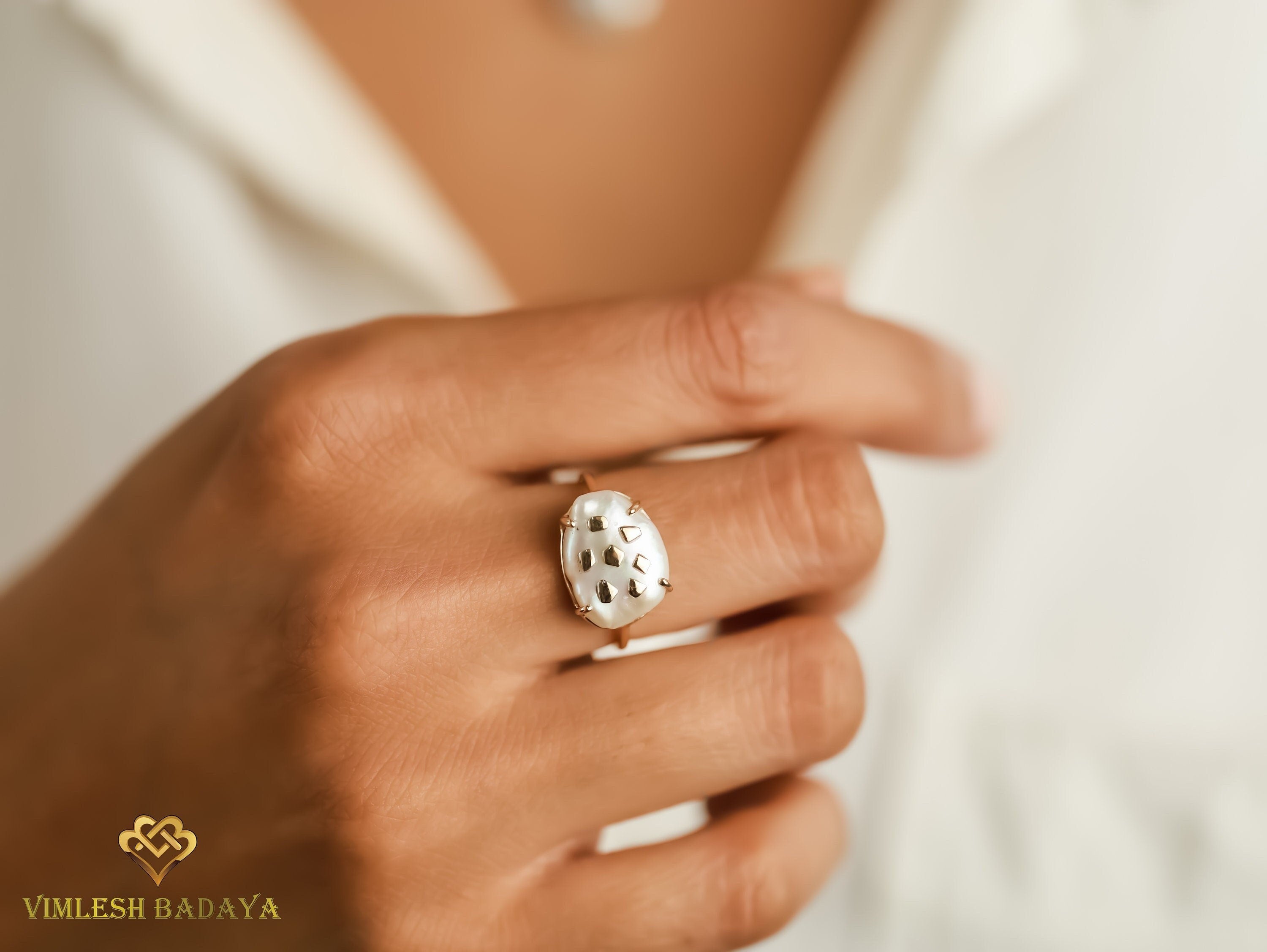 Handmade Baroque Pearl Ring | Unique 5-Carat White Pearl Engagement Ring with Gold Chips -