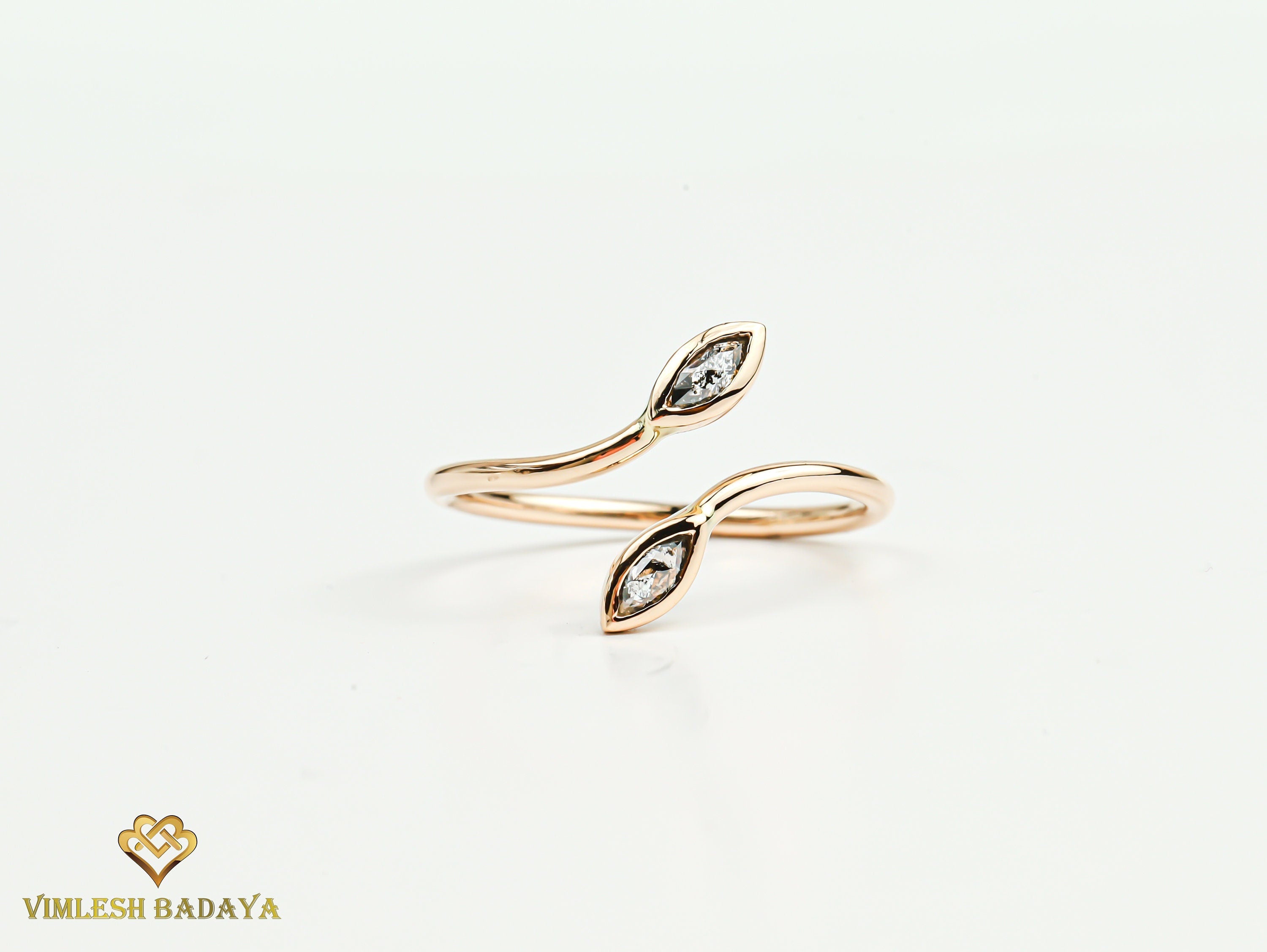Adjustable Gray Diamond Leaf Ring | Salt and Pepper Diamond Stacking Ring | Marquise Cut Diamond Ring -