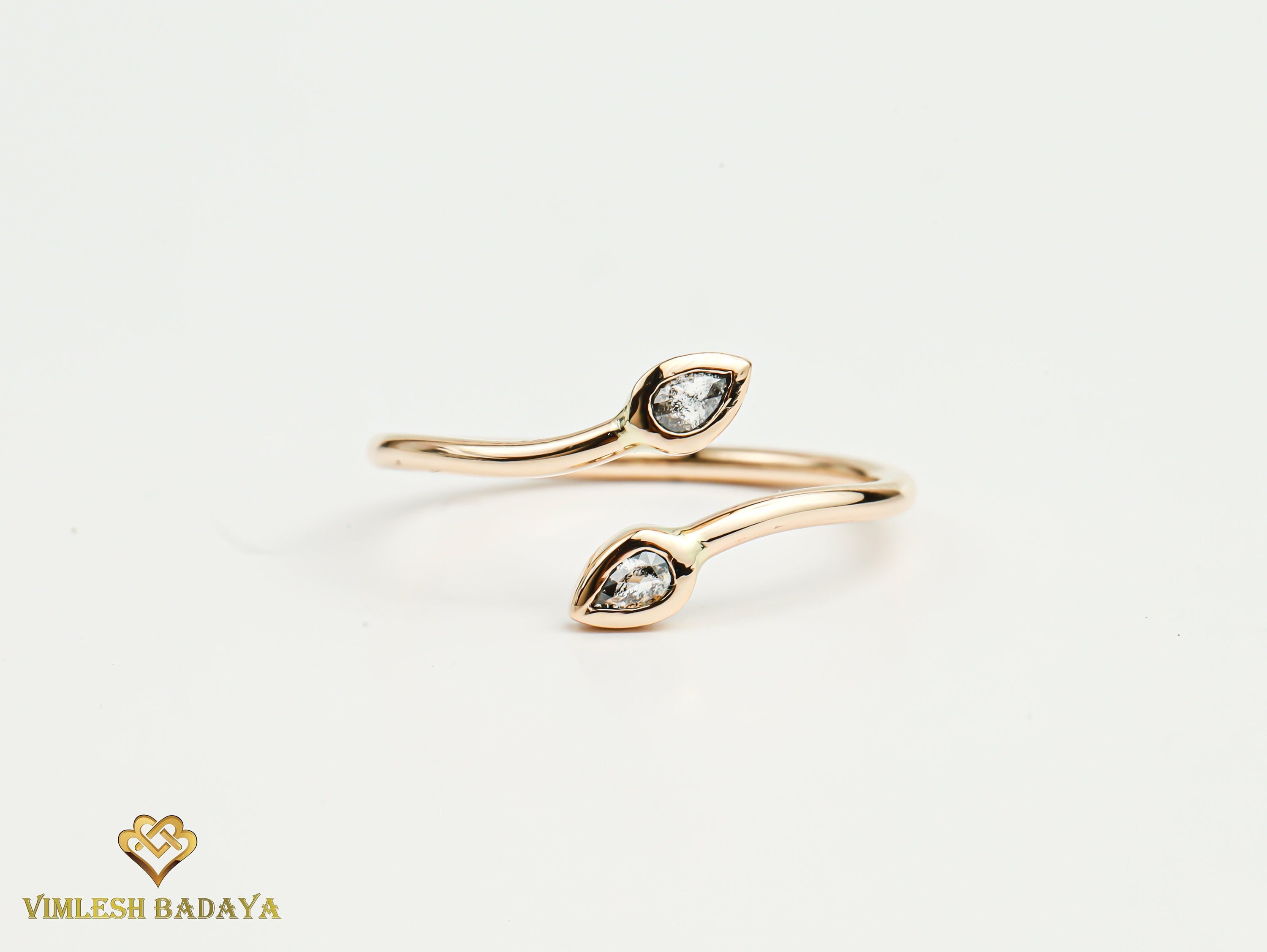 Adjustable Gray Diamond Teardrop Ring | Salt and Pepper Diamond Leaf Stacking Ring | Dainty Dual Diamond Ring -