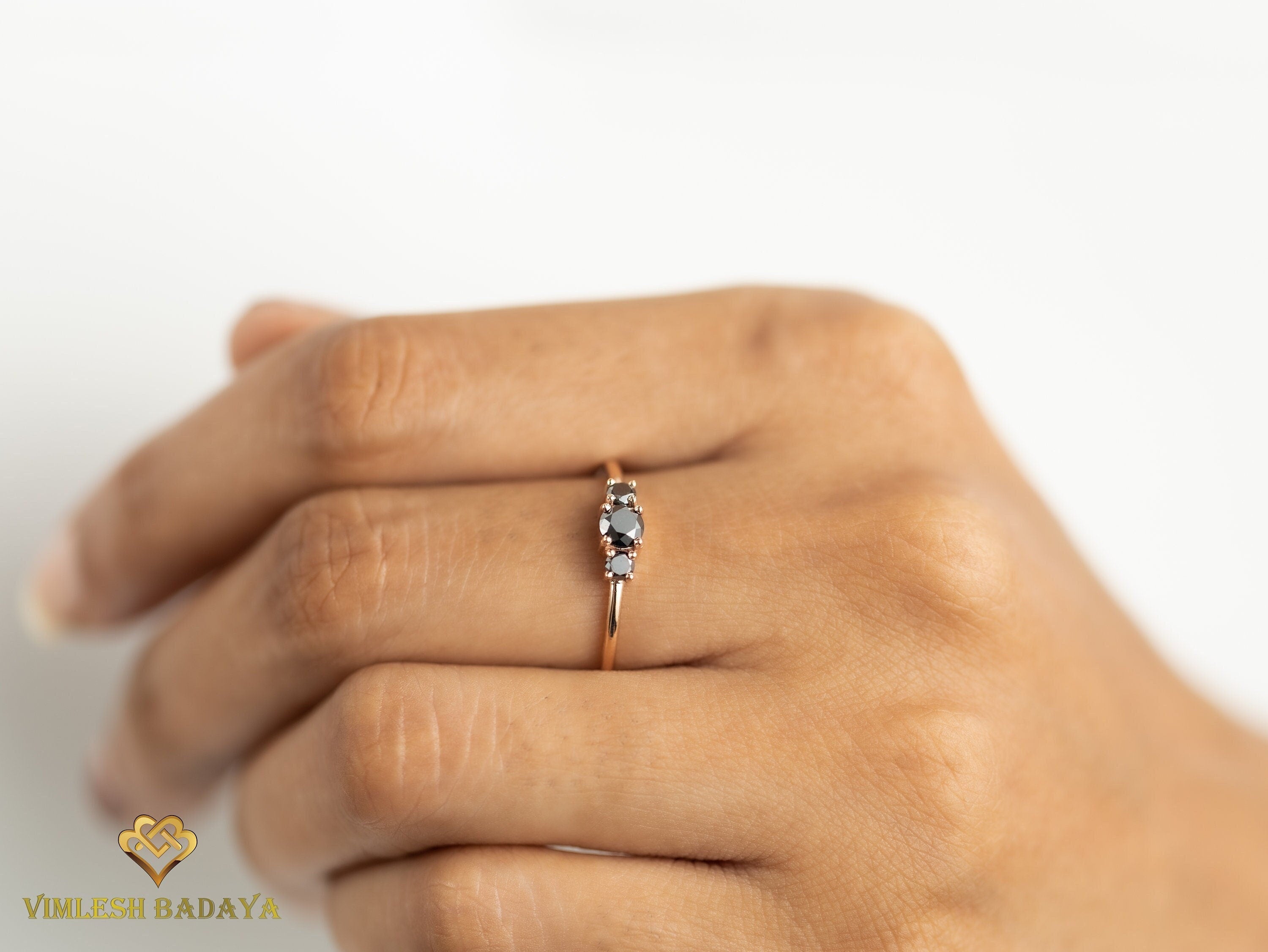 Black Diamond Engagement Ring | 0.4-Carat Gold Three-Stone Diamond Ring -