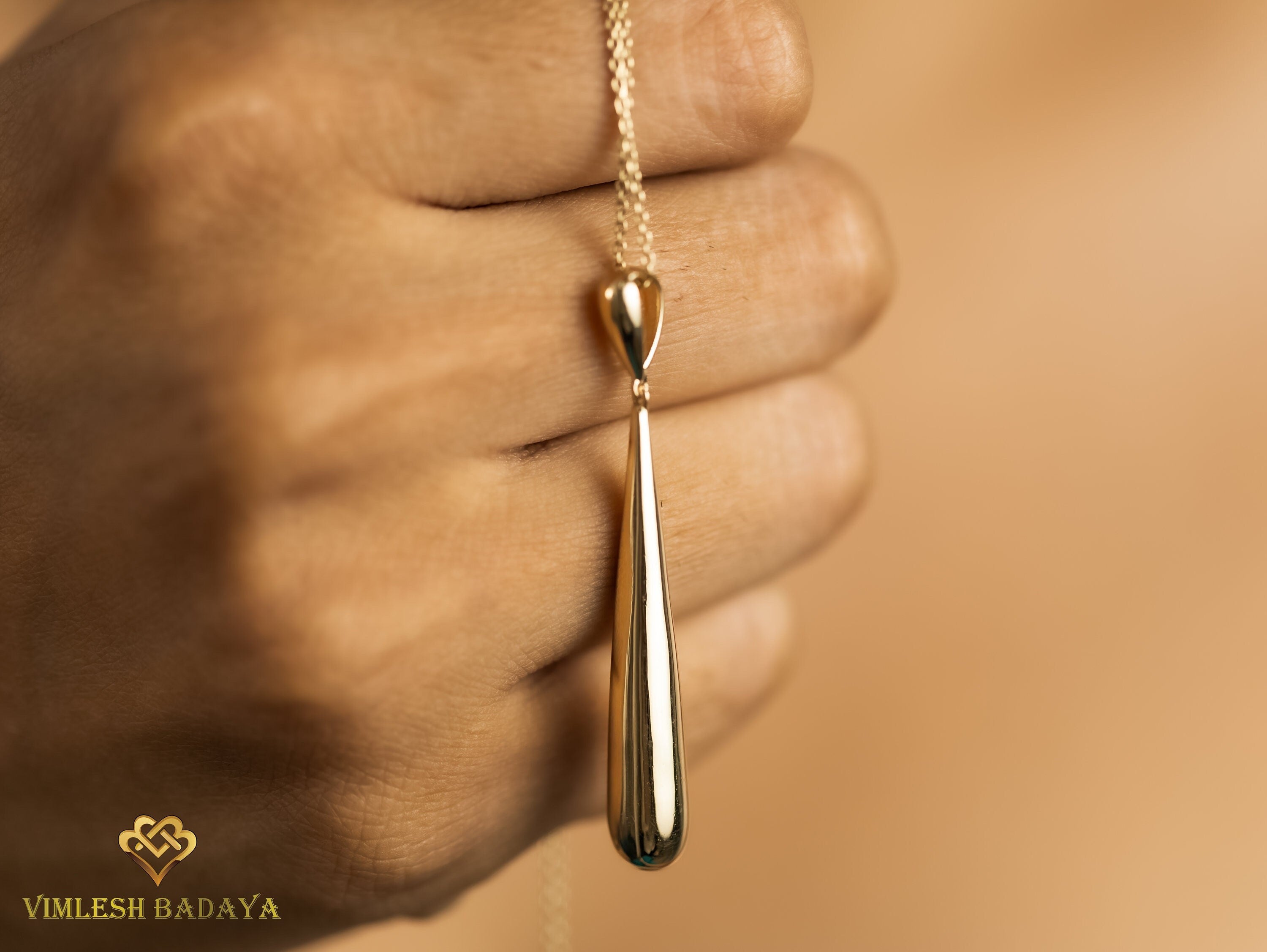 Long Tear Drop Solid Gold Necklace | Baseball Bat Pendant | Handmade Jewelry | Gift for Her | Everyday Jewelry -