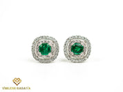Emerald Stud Earrings | Cushion Cut Emerald & Round Diamond Double Halo | Anniversary Gift for Her -