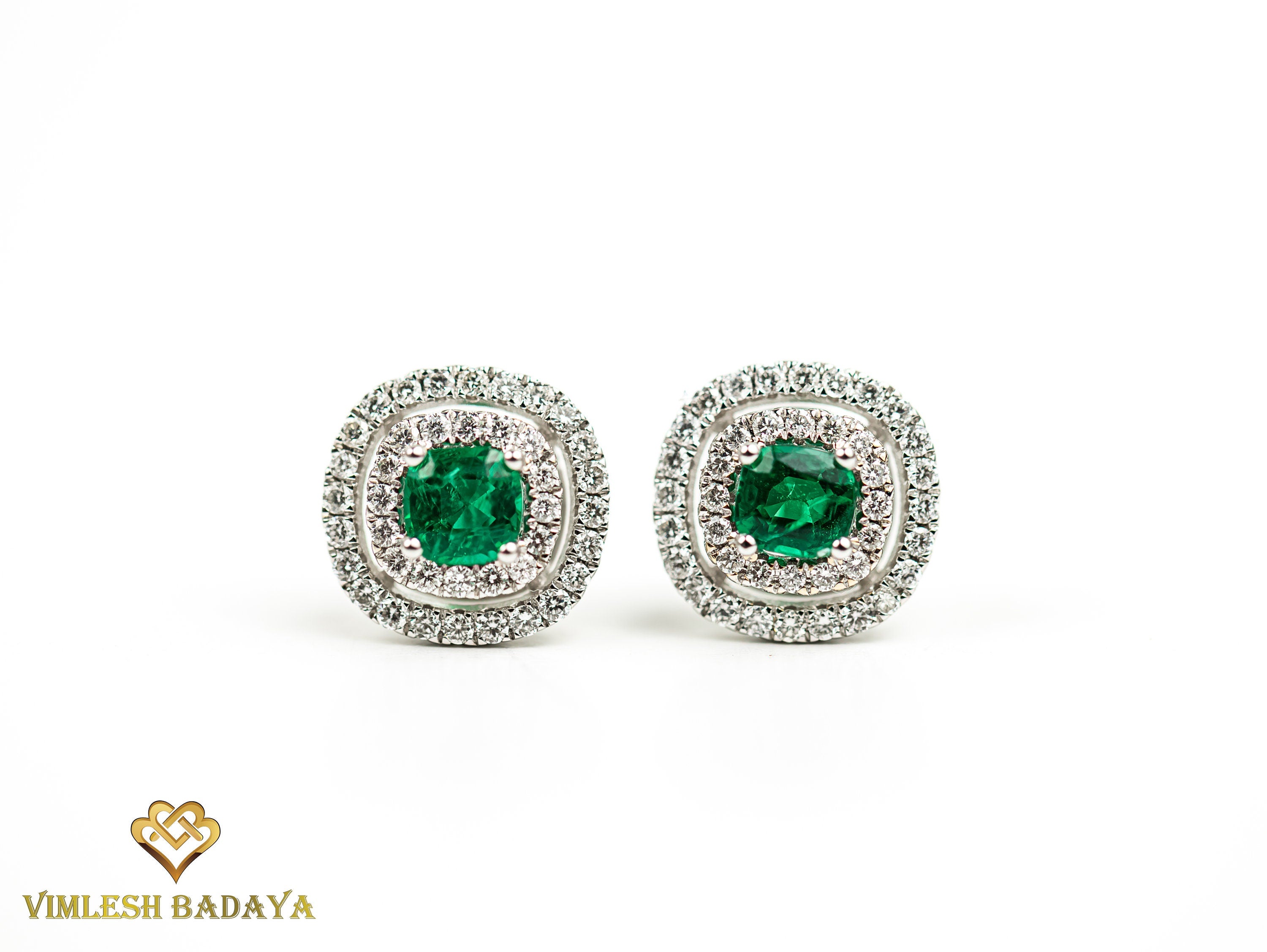 Emerald Stud Earrings | Cushion Cut Emerald & Round Diamond Double Halo | Anniversary Gift for Her -