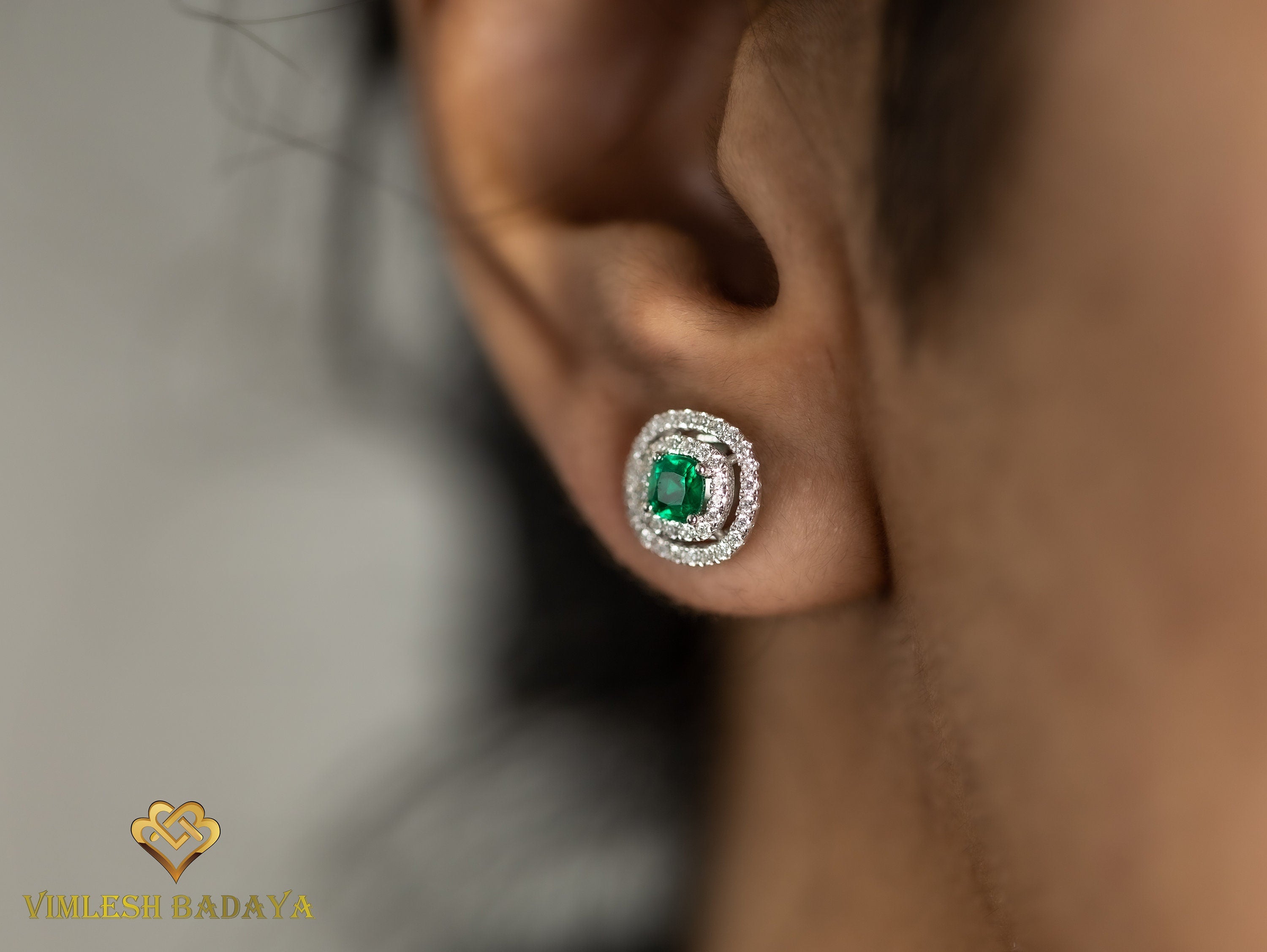 Emerald Stud Earrings | Cushion Cut Emerald & Round Diamond Double Halo | Anniversary Gift for Her -