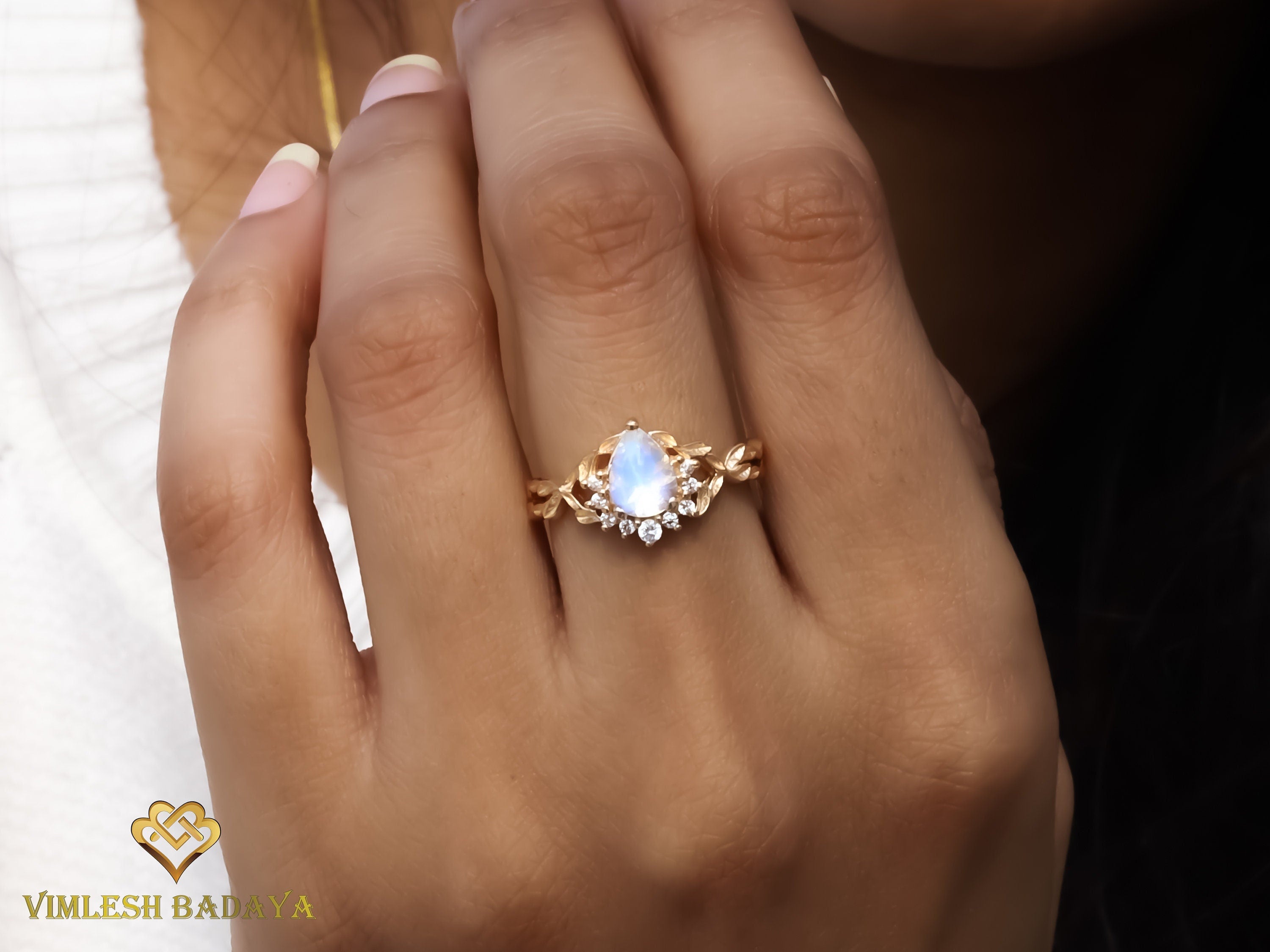 Moonstone Engagement Ring | Pear Cut Moonstone Ring | Leaf Twig Engagement Ring | Anniversary Gift -