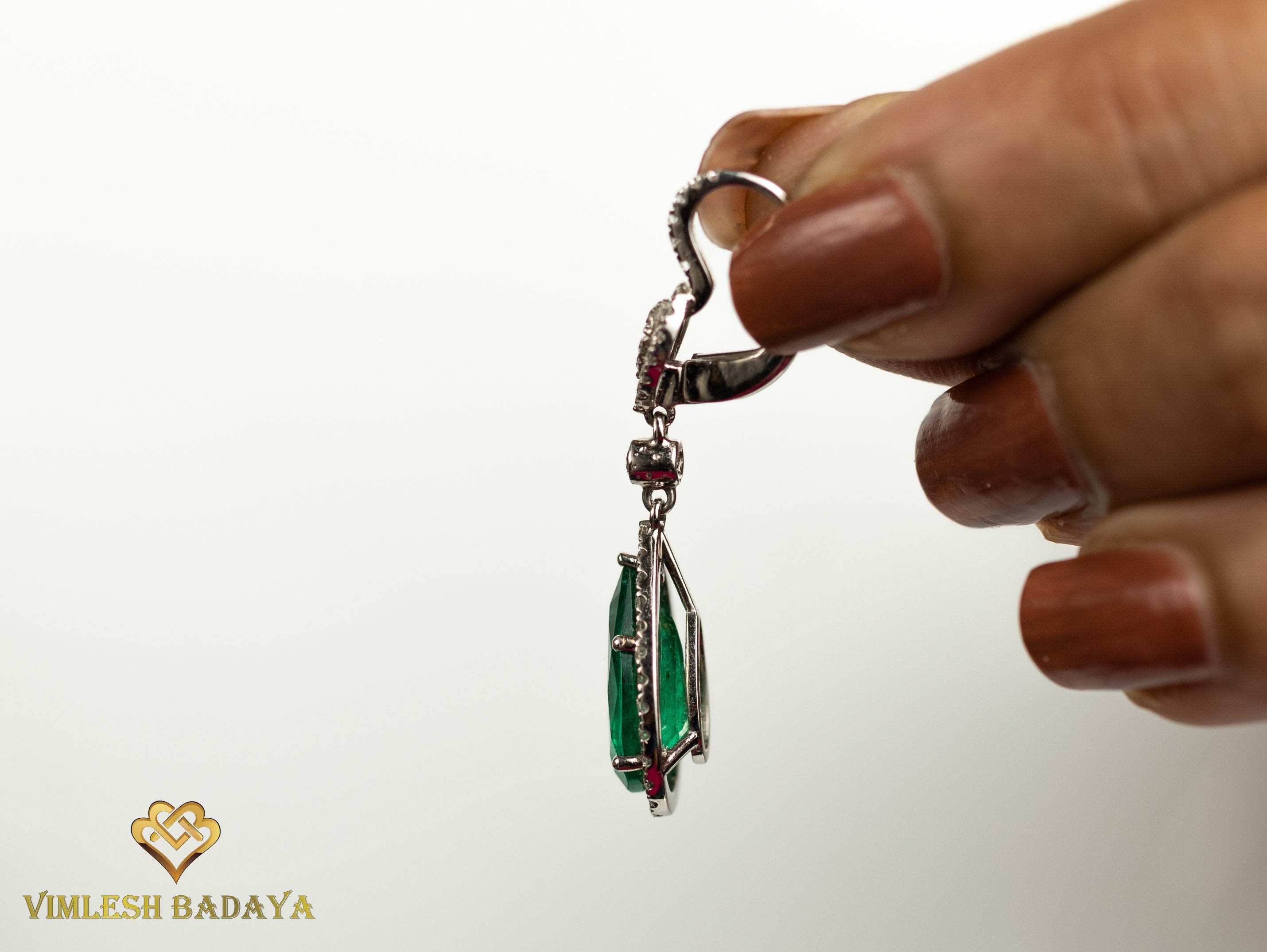 Emerald & Diamond Drop Earrings | Pear Cut Emerald & Round Diamond Halo | Solid Gold Anniversary Gift -
