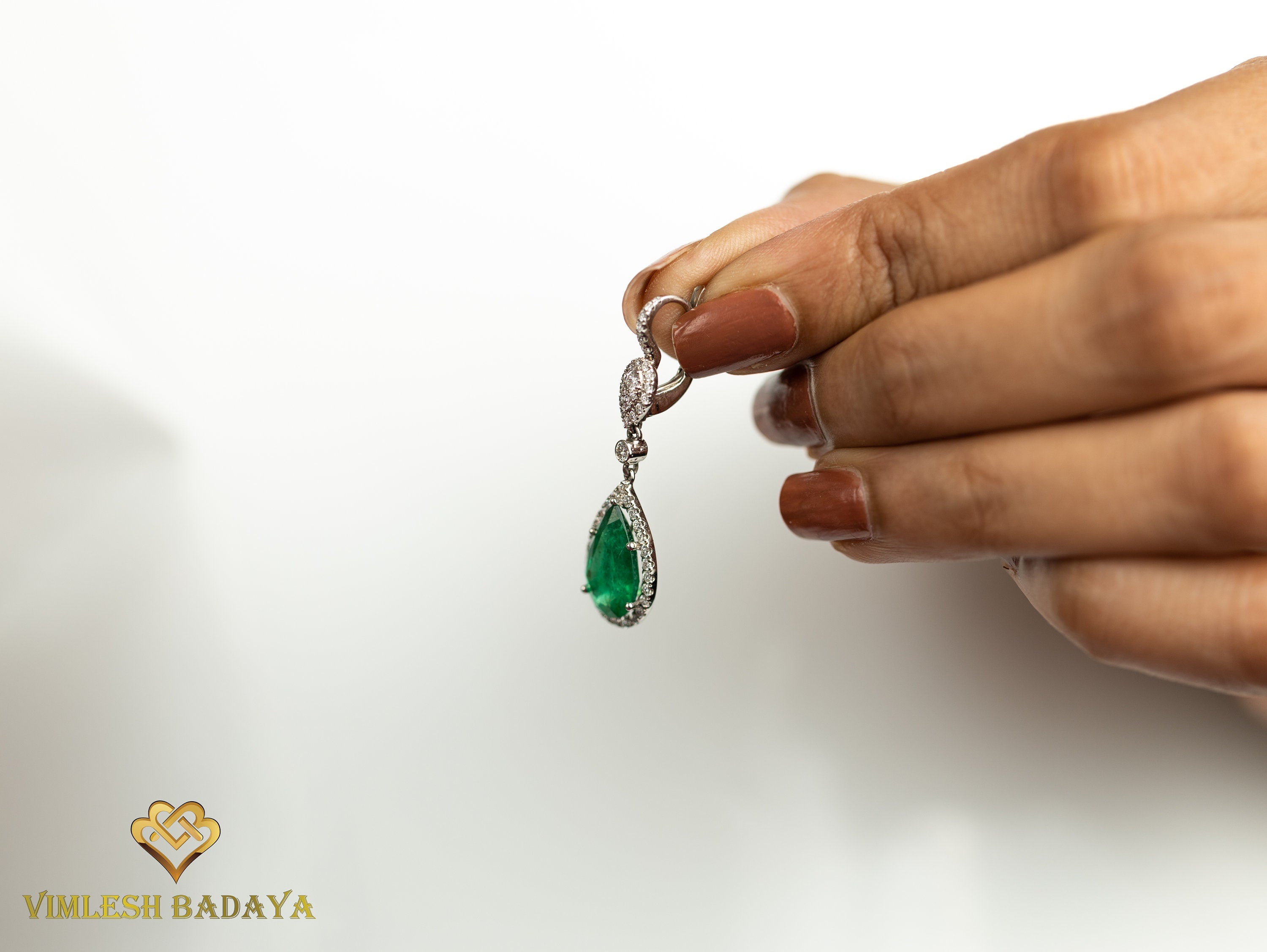 Emerald & Diamond Drop Earrings | Pear Cut Emerald & Round Diamond Halo | Solid Gold Anniversary Gift -