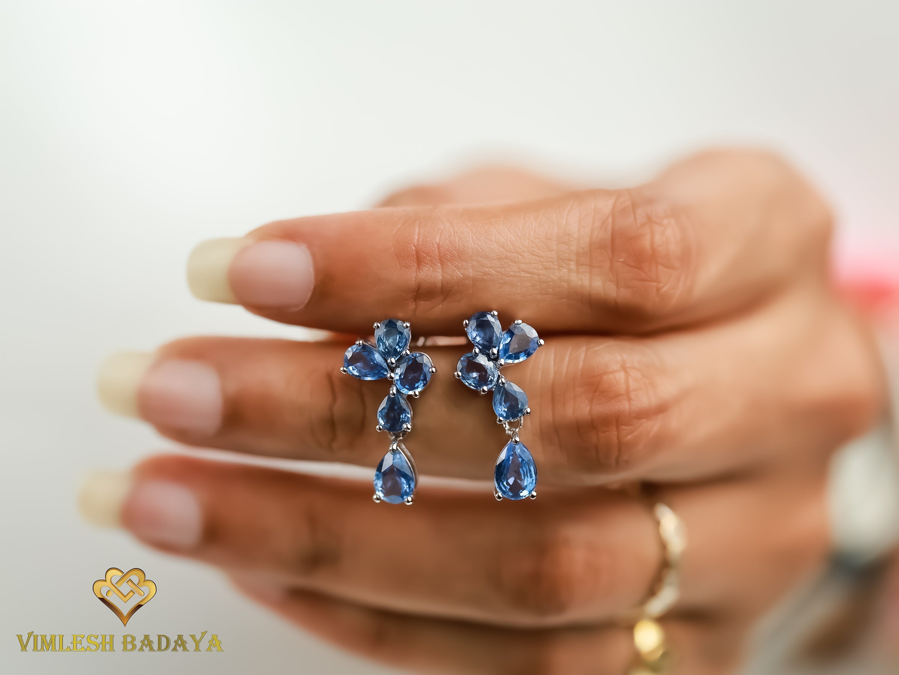 Sapphire Cluster Drop Earrings | Pear & Oval Cut Sapphire | Blue Sapphire Vintage Earrings | Anniversary Gift for Her -