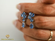 Sapphire Cluster Drop Earrings | Pear & Oval Cut Sapphire | Blue Sapphire Vintage Earrings | Anniversary Gift for Her -