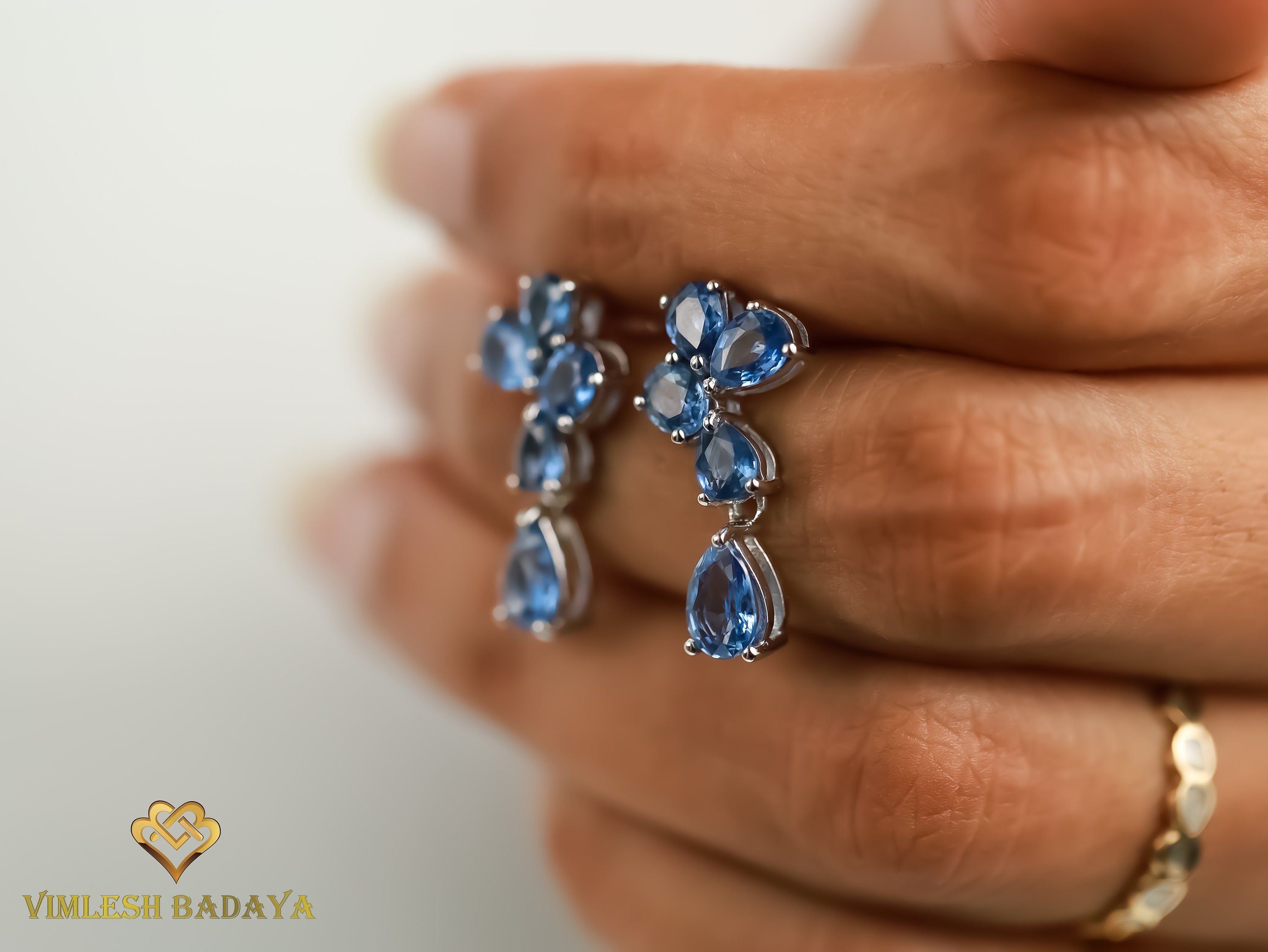 Sapphire Cluster Drop Earrings | Pear & Oval Cut Sapphire | Blue Sapphire Vintage Earrings | Anniversary Gift for Her -