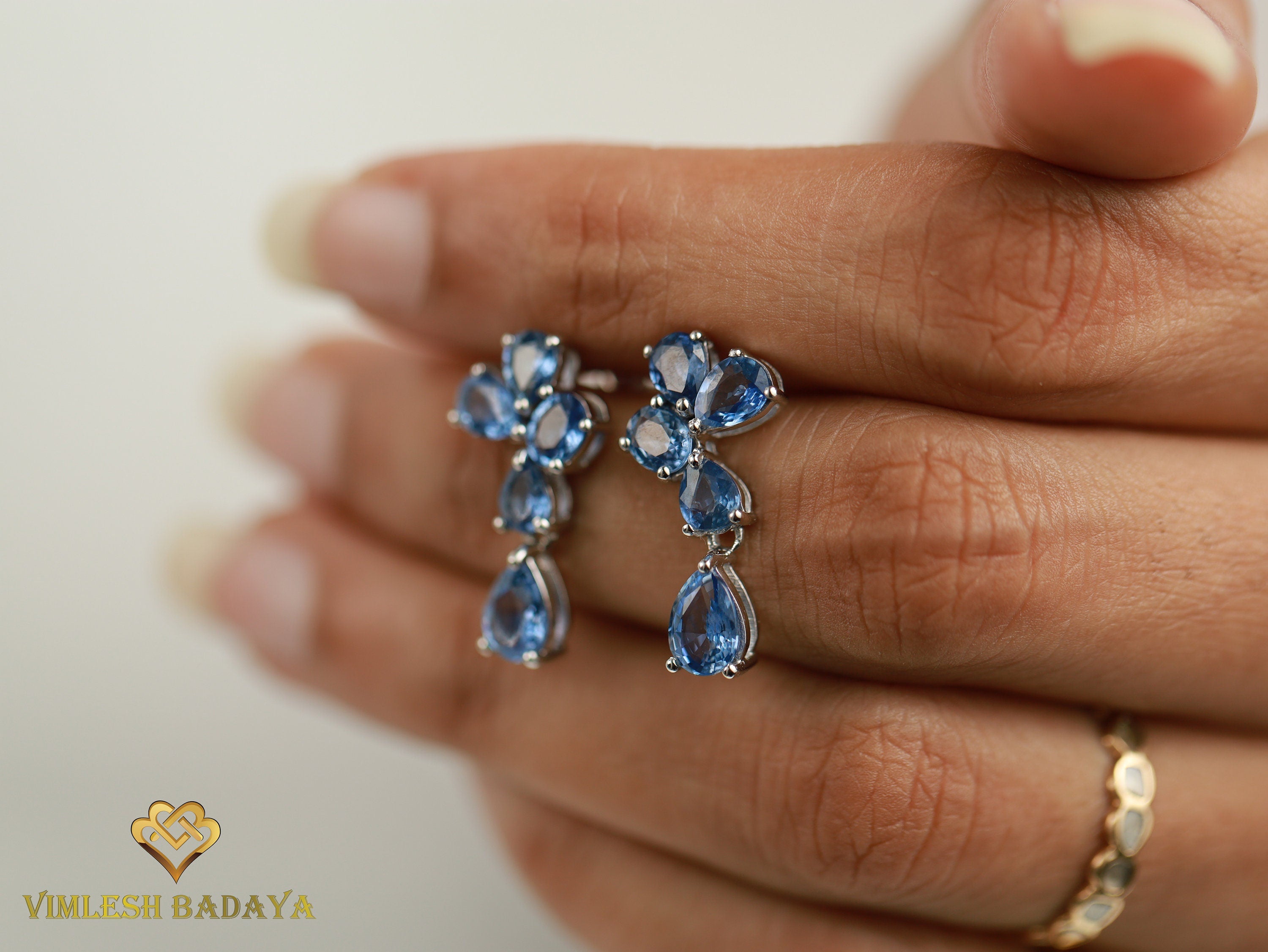 Sapphire Cluster Drop Earrings | Pear & Oval Cut Sapphire | Blue Sapphire Vintage Earrings | Anniversary Gift for Her -