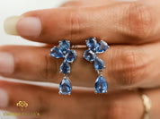 Sapphire Cluster Drop Earrings | Pear & Oval Cut Sapphire | Blue Sapphire Vintage Earrings | Anniversary Gift for Her -