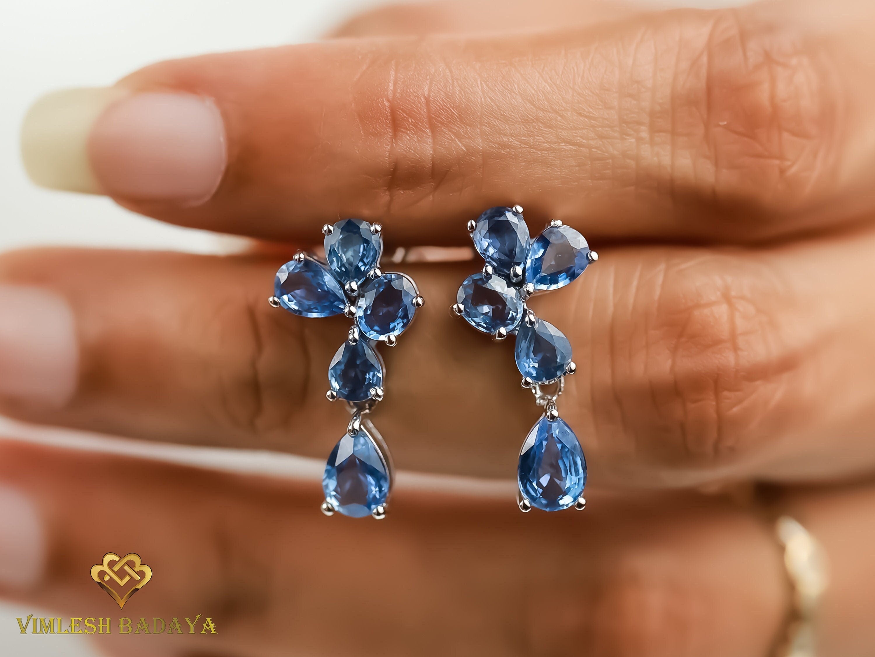Sapphire Cluster Drop Earrings | Pear & Oval Cut Sapphire | Blue Sapphire Vintage Earrings | Anniversary Gift for Her -