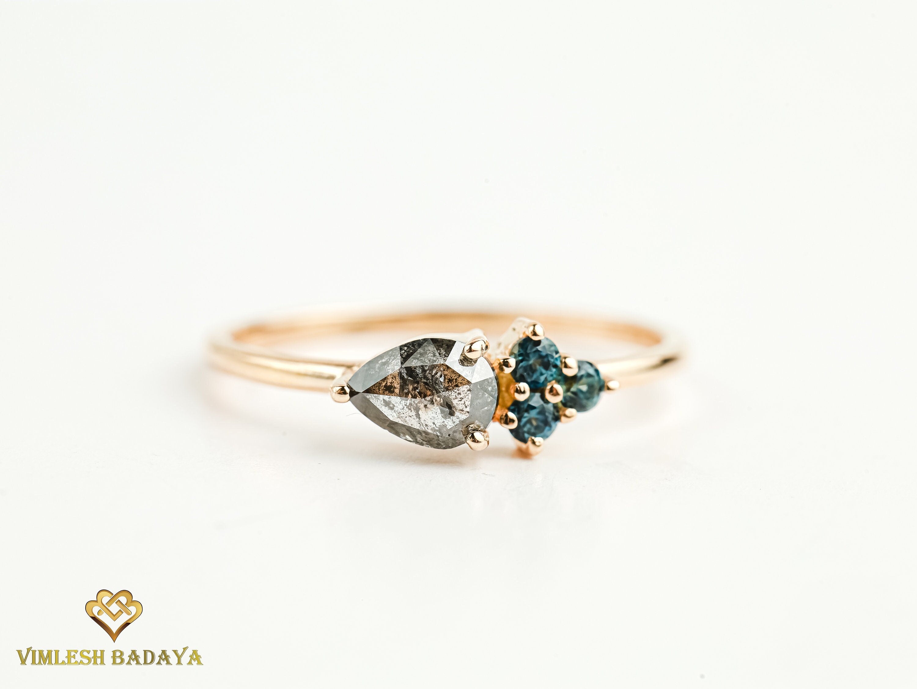 Salt & Pepper Diamond & Teal Sapphire Ring | Gray Diamond Cluster Ring | Dainty Stacking Ring -