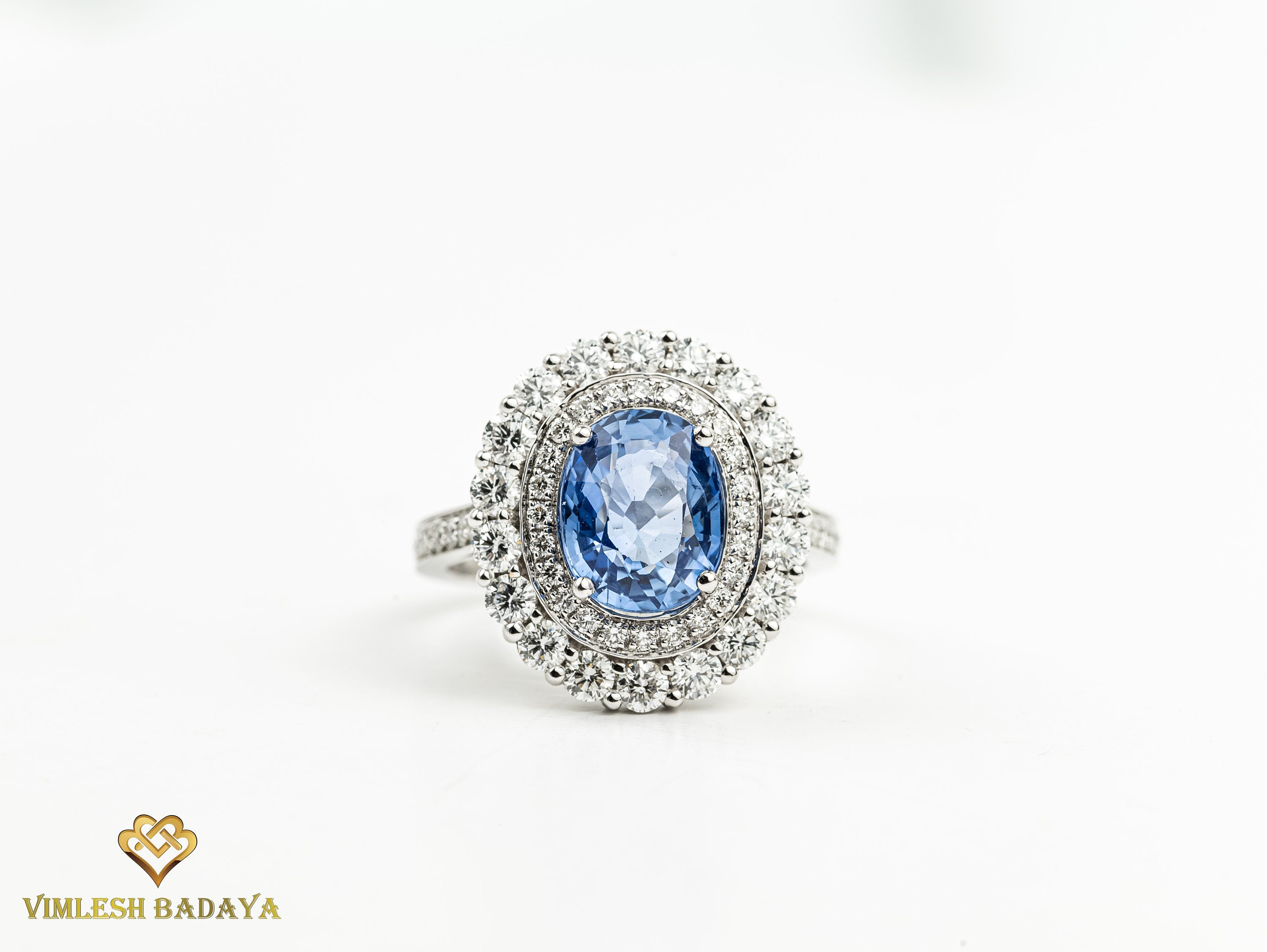 3.5 ct Blue Sapphire Vintage Engagement Ring | Lab Created Diamond Halo, Oval Sapphire & Round Cut Diamond -