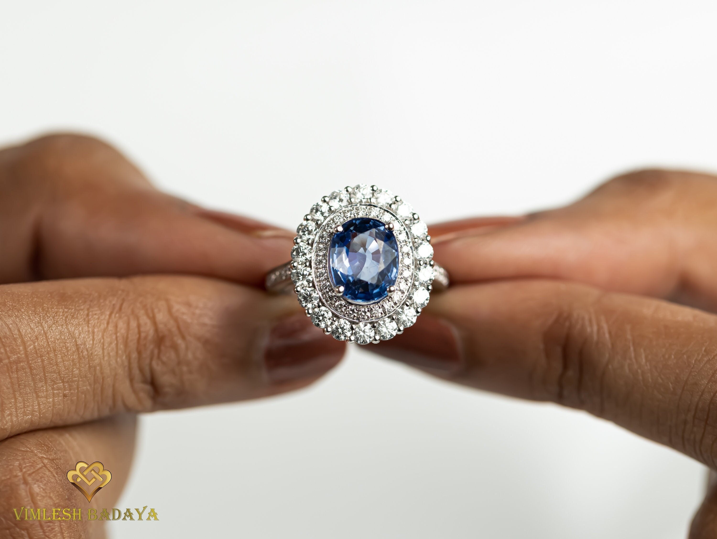 3.5 ct Blue Sapphire Vintage Engagement Ring | Lab Created Diamond Halo, Oval Sapphire & Round Cut Diamond -