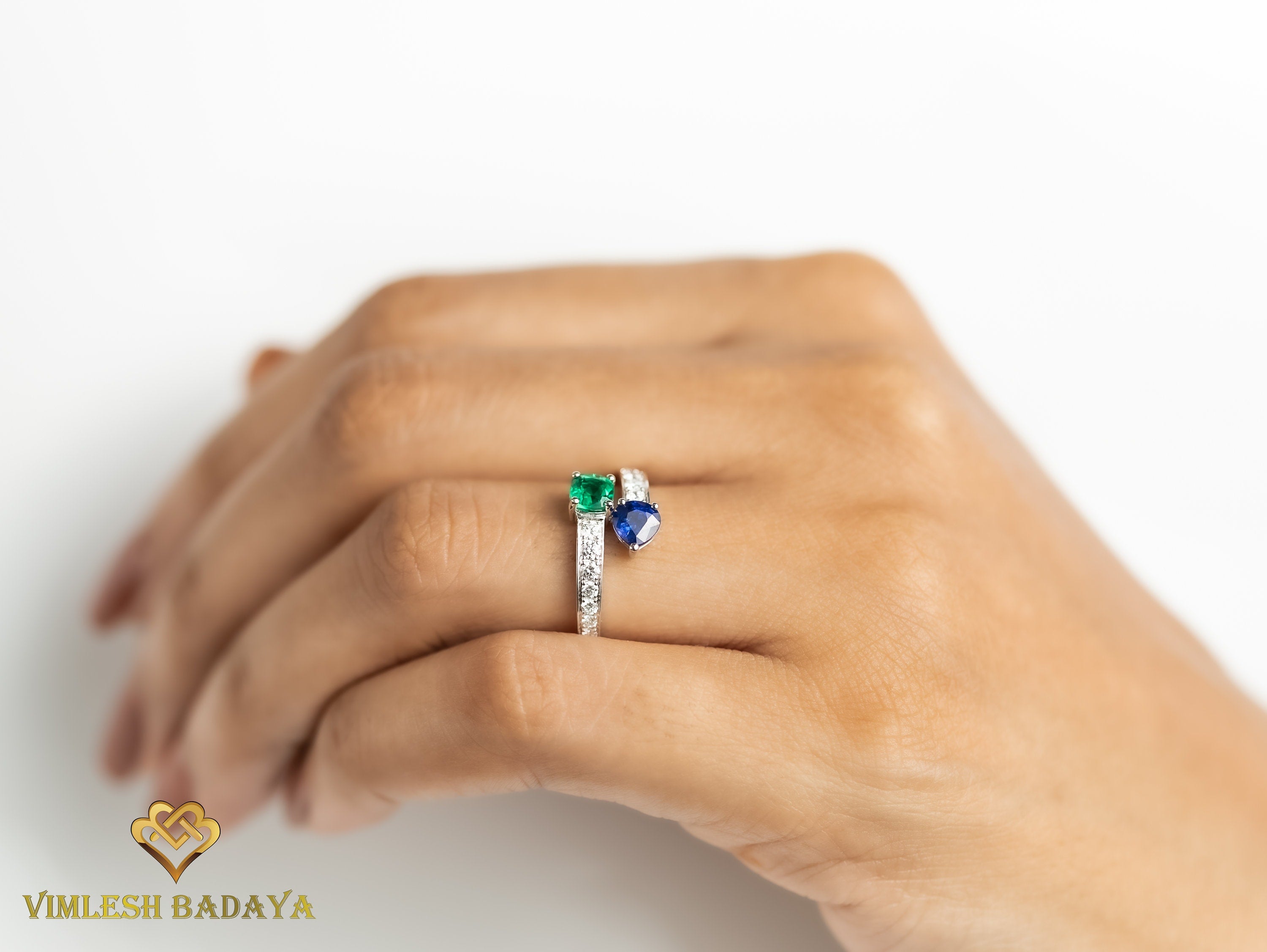 Emerald Sapphire Adjustable Engagement Ring | Diamond Sapphire Ring | Blue Sapphire Engagement Ring -