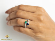 Emerald Sapphire Adjustable Engagement Ring | Diamond Sapphire Ring | Blue Sapphire Engagement Ring -