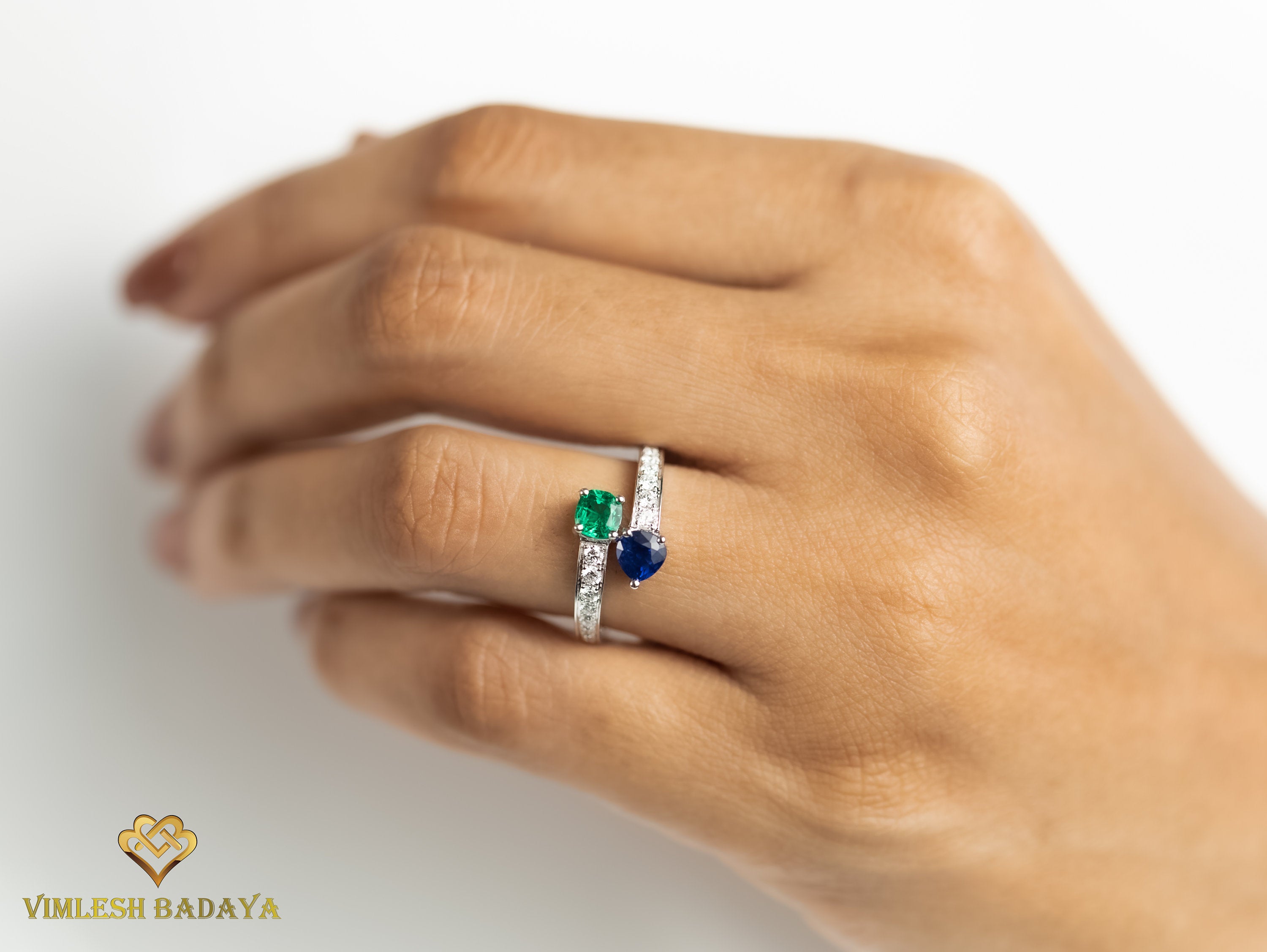 Emerald Sapphire Adjustable Engagement Ring | Diamond Sapphire Ring | Blue Sapphire Engagement Ring -