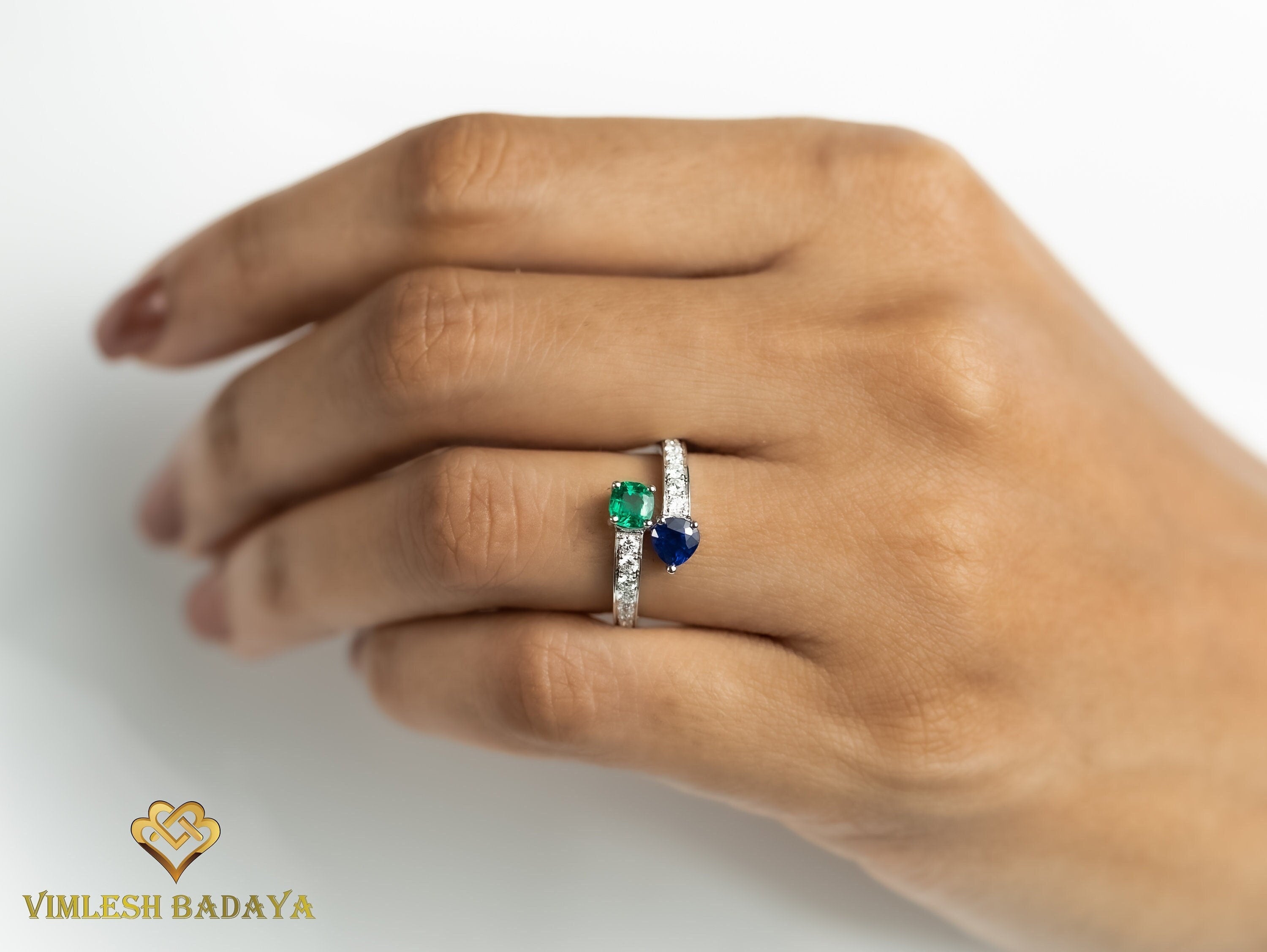 Emerald Sapphire Adjustable Engagement Ring | Diamond Sapphire Ring | Blue Sapphire Engagement Ring -