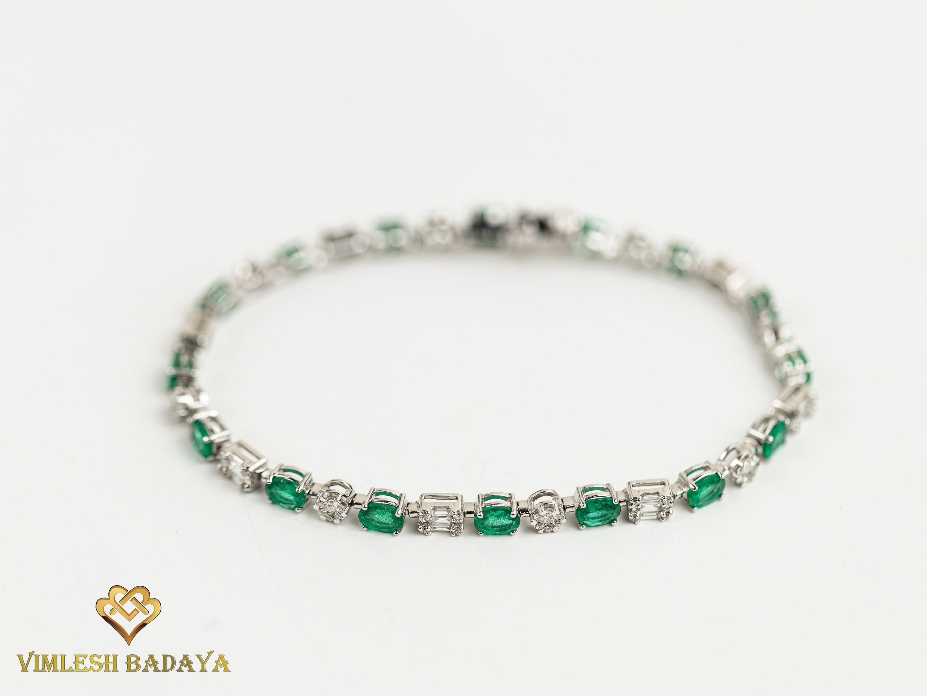 Emerald Diamond Tennis Bracelet | Round Cut Diamond & Oval Emerald | Eternity Prong Illusion Set Bracelet -
