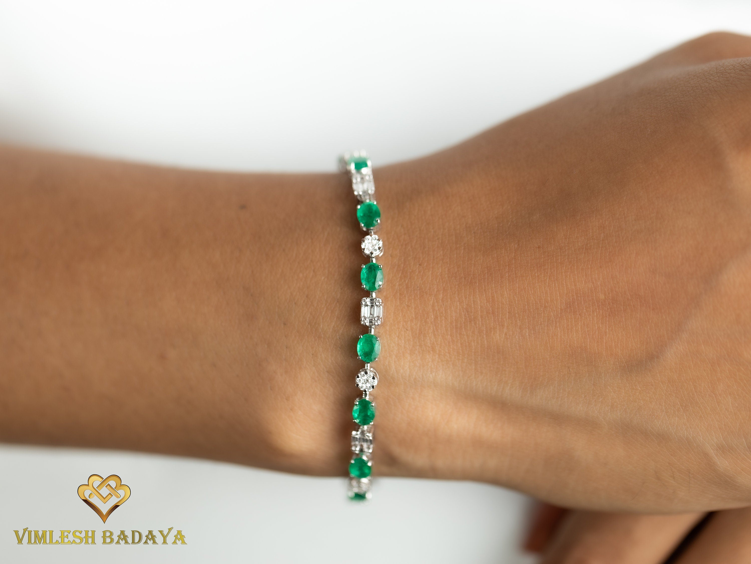 Emerald Diamond Tennis Bracelet | Round Cut Diamond & Oval Emerald | Eternity Prong Illusion Set Bracelet -