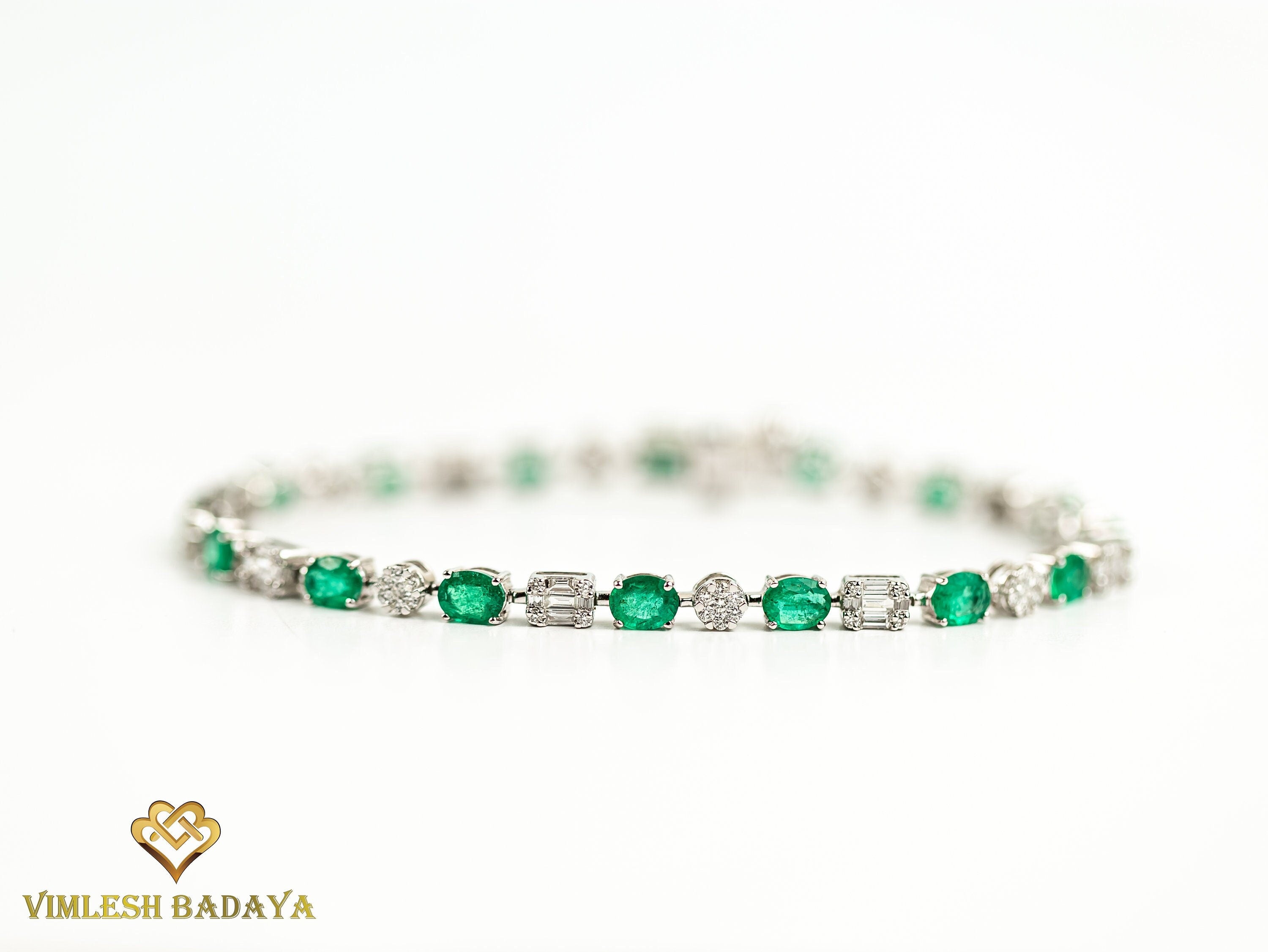 Emerald Diamond Tennis Bracelet | Round Cut Diamond & Oval Emerald | Eternity Prong Illusion Set Bracelet -