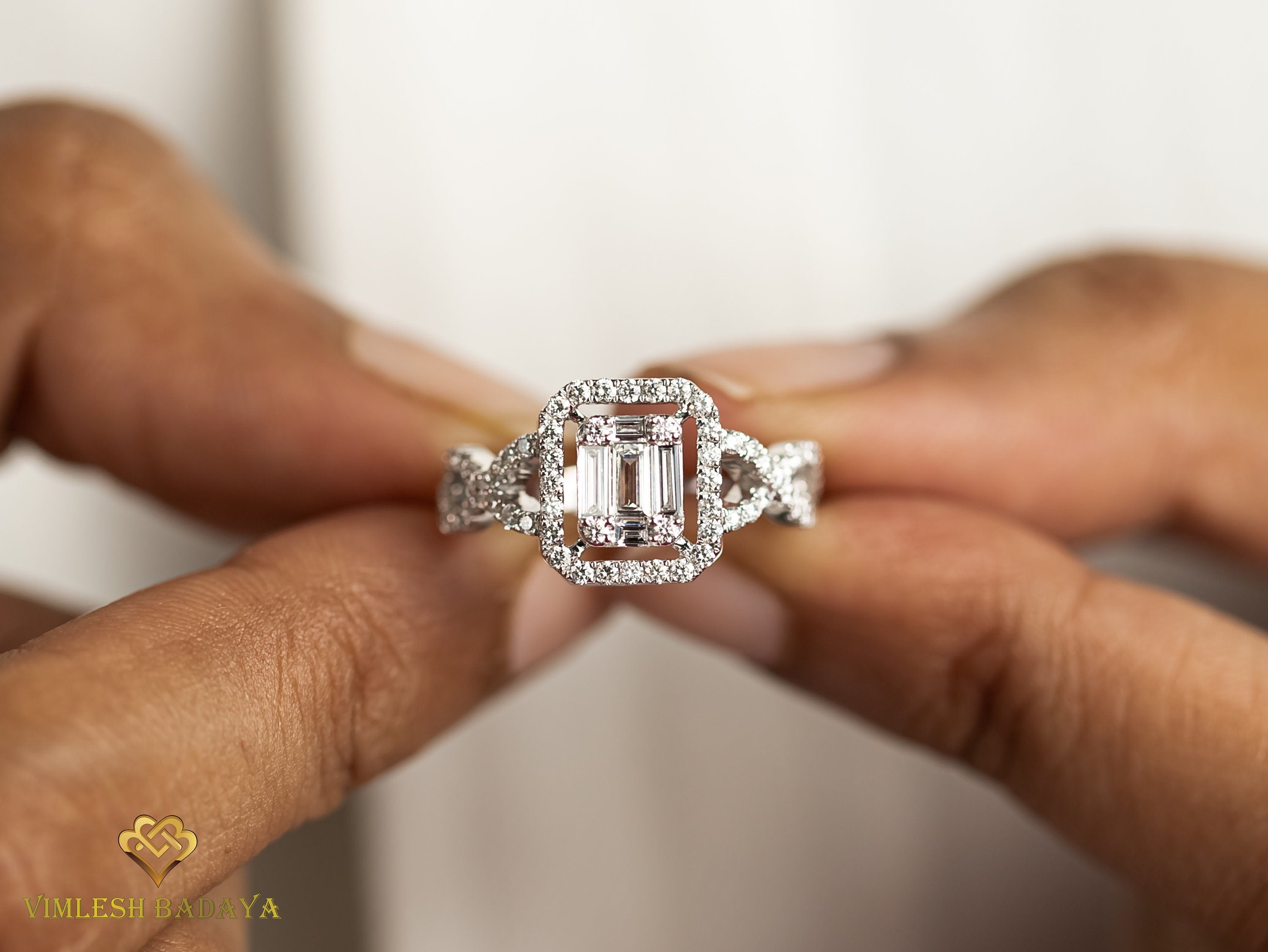 Diamond Baguette Illusion Setting Engagement Ring | Statement Ring | Unique Cluster Ring -