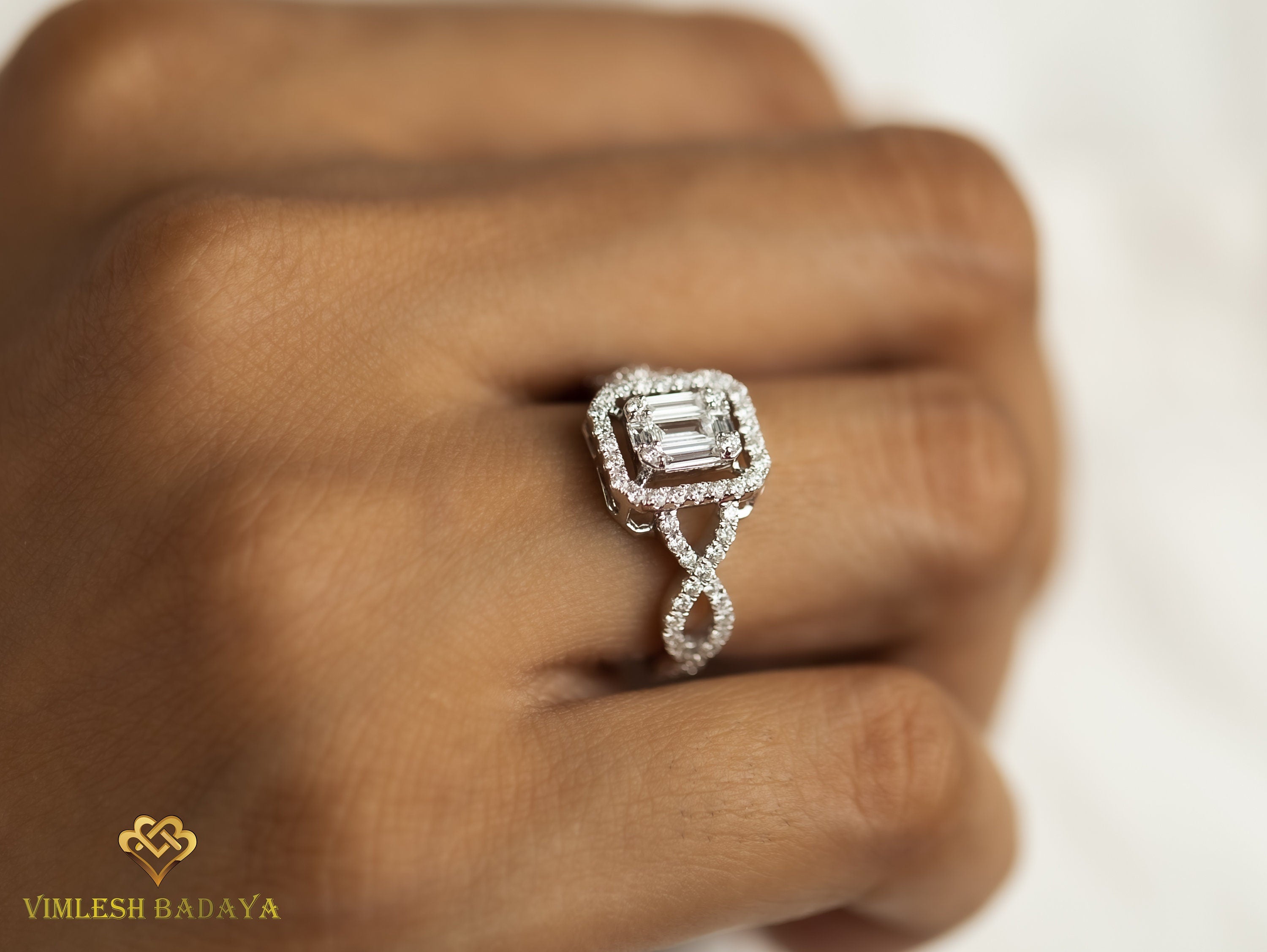 Diamond Baguette Illusion Setting Engagement Ring | Statement Ring | Unique Cluster Ring -
