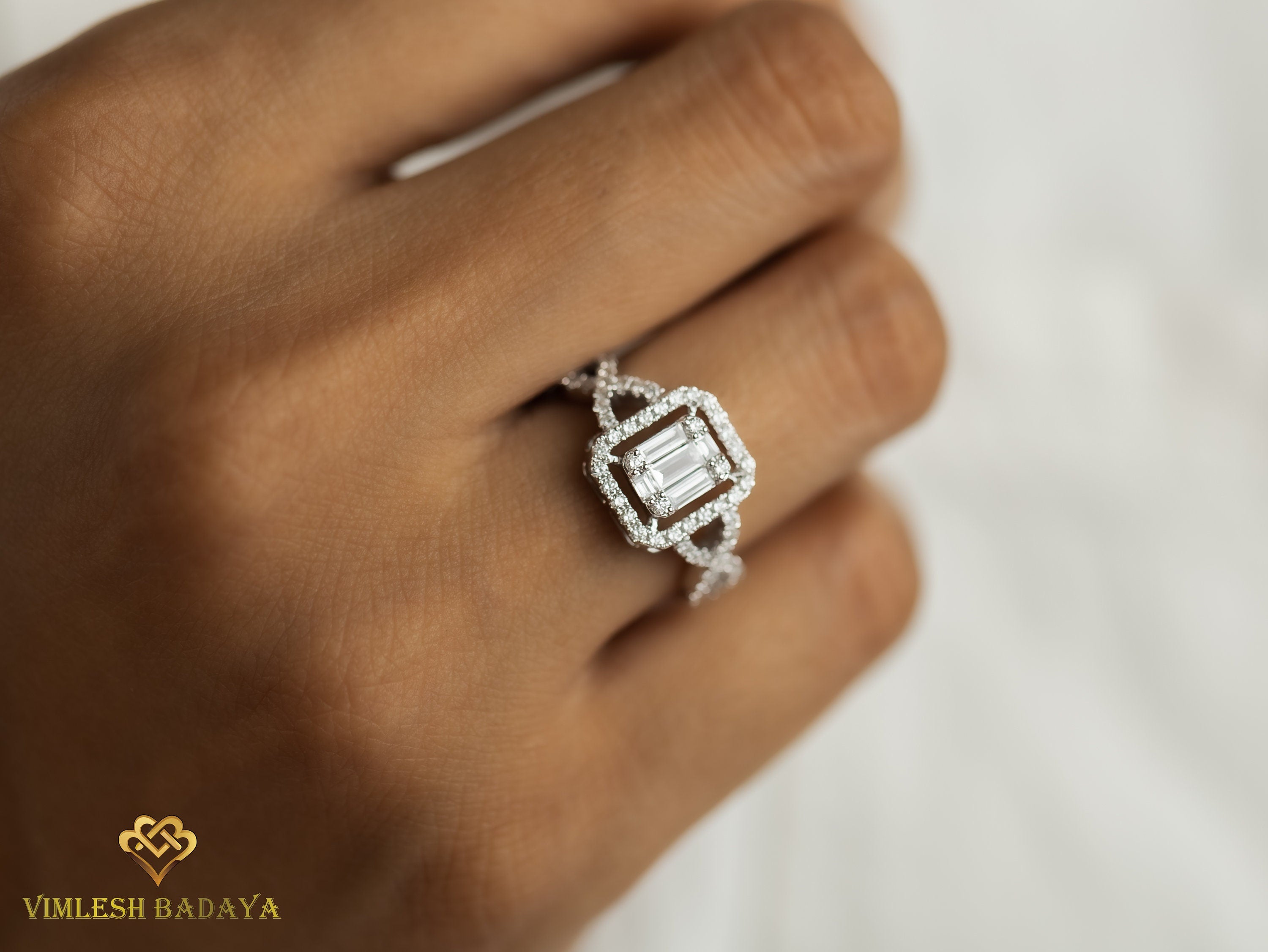 Diamond Baguette Illusion Setting Engagement Ring | Statement Ring | Unique Cluster Ring -