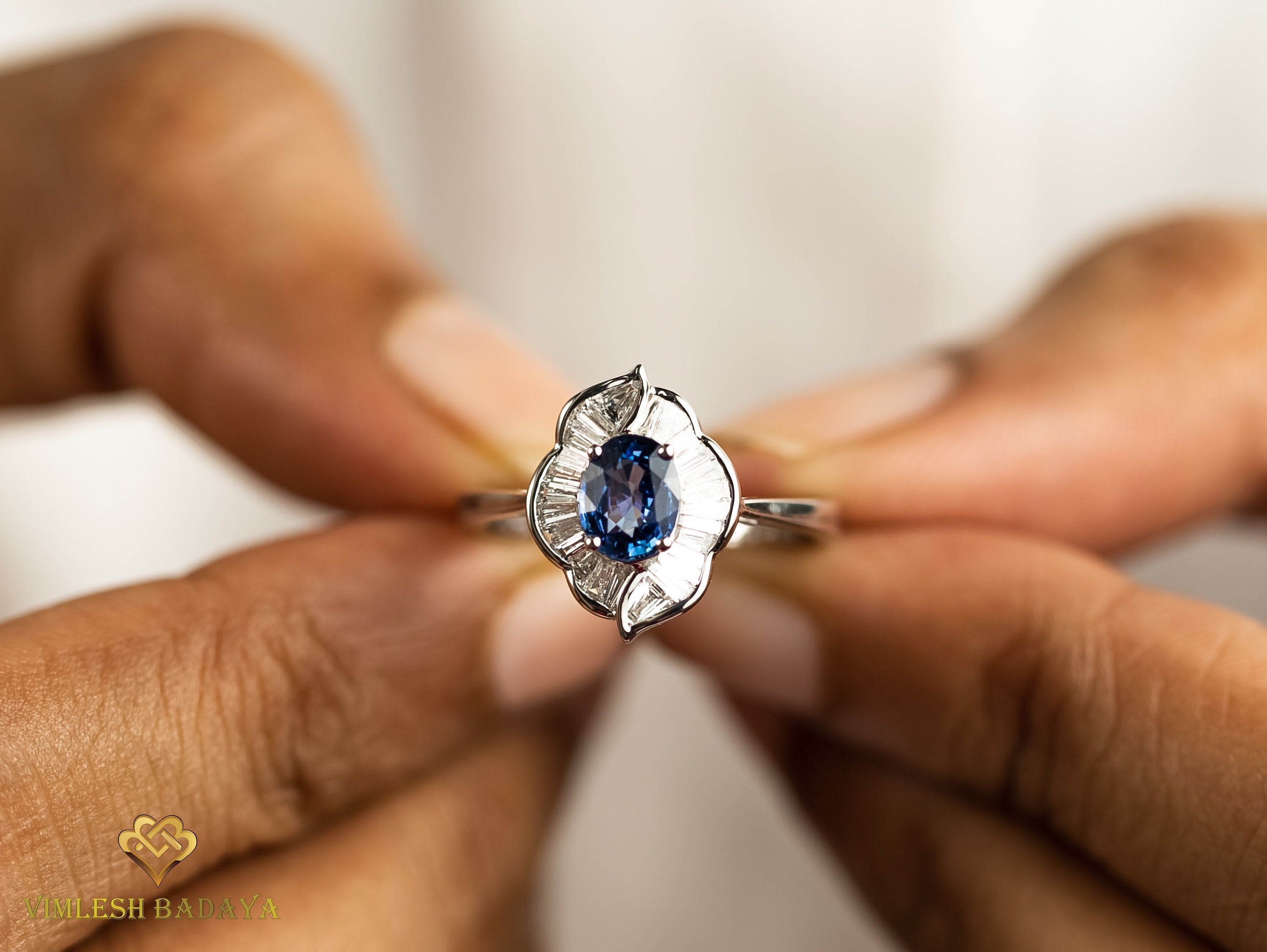 Vintage Blue Sapphire & Diamond Baguette Engagement Ring | 1ct Oval Cut Sapphire & Diamond Wedding Ring -