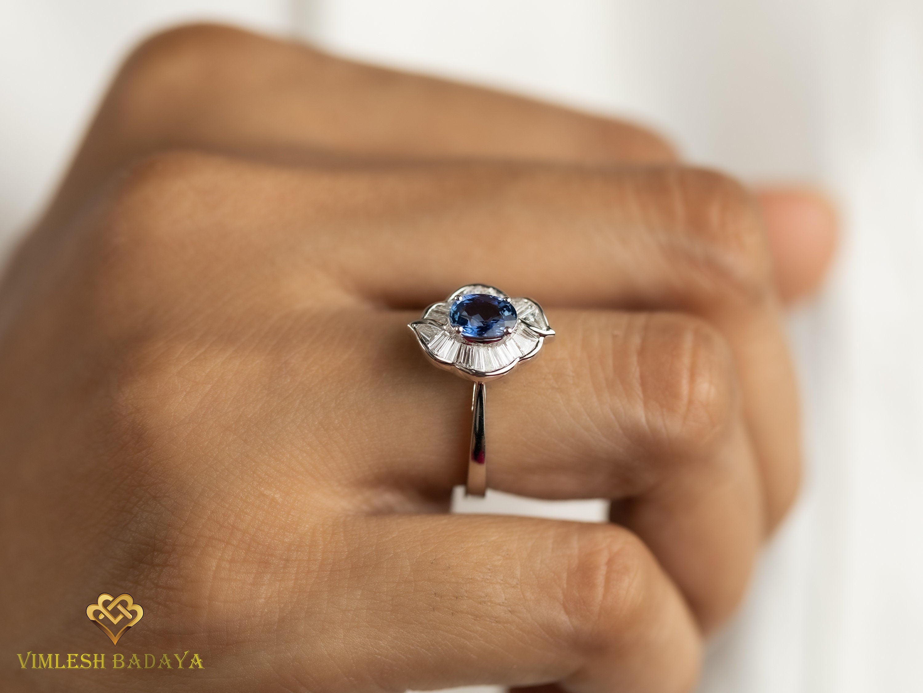 Vintage Blue Sapphire & Diamond Baguette Engagement Ring | 1ct Oval Cut Sapphire & Diamond Wedding Ring -