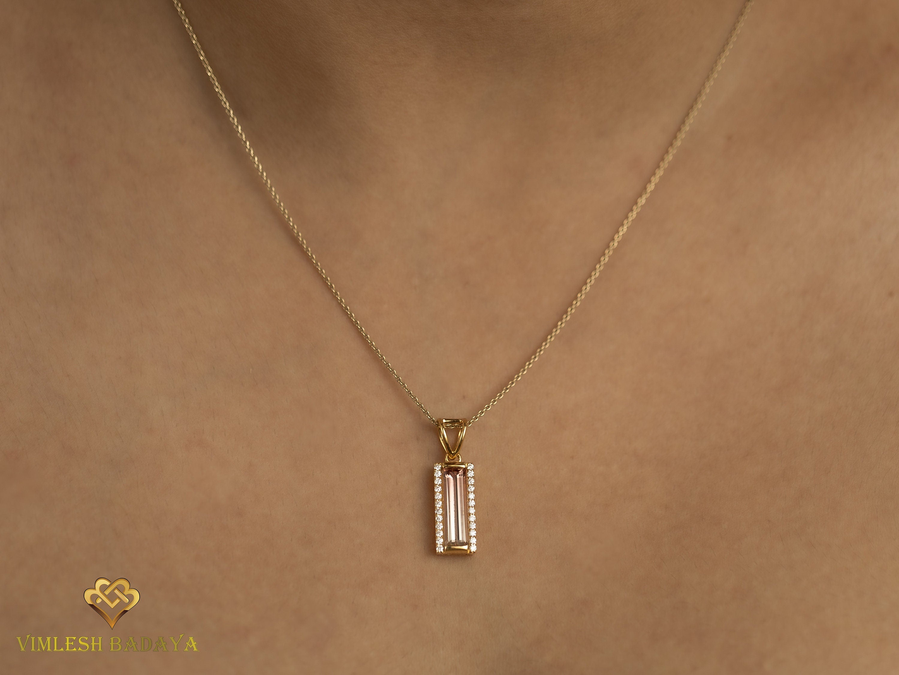 Natural Tourmaline Baguette Diamond Necklace | Handmade Solid Gold Bicolor Pink Tourmaline Necklace | Christmas Gift -
