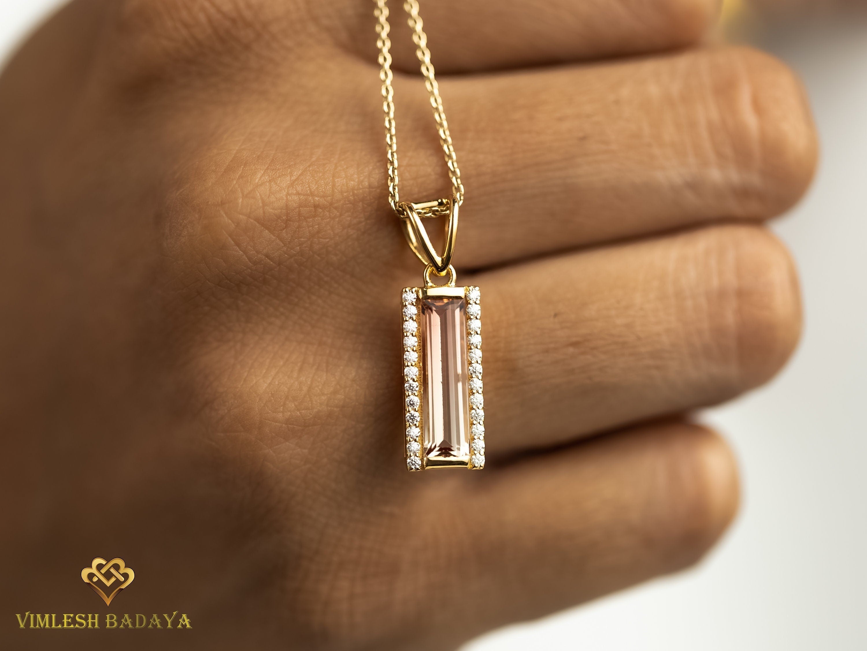 Natural Tourmaline Baguette Diamond Necklace | Handmade Solid Gold Bicolor Pink Tourmaline Necklace | Christmas Gift -