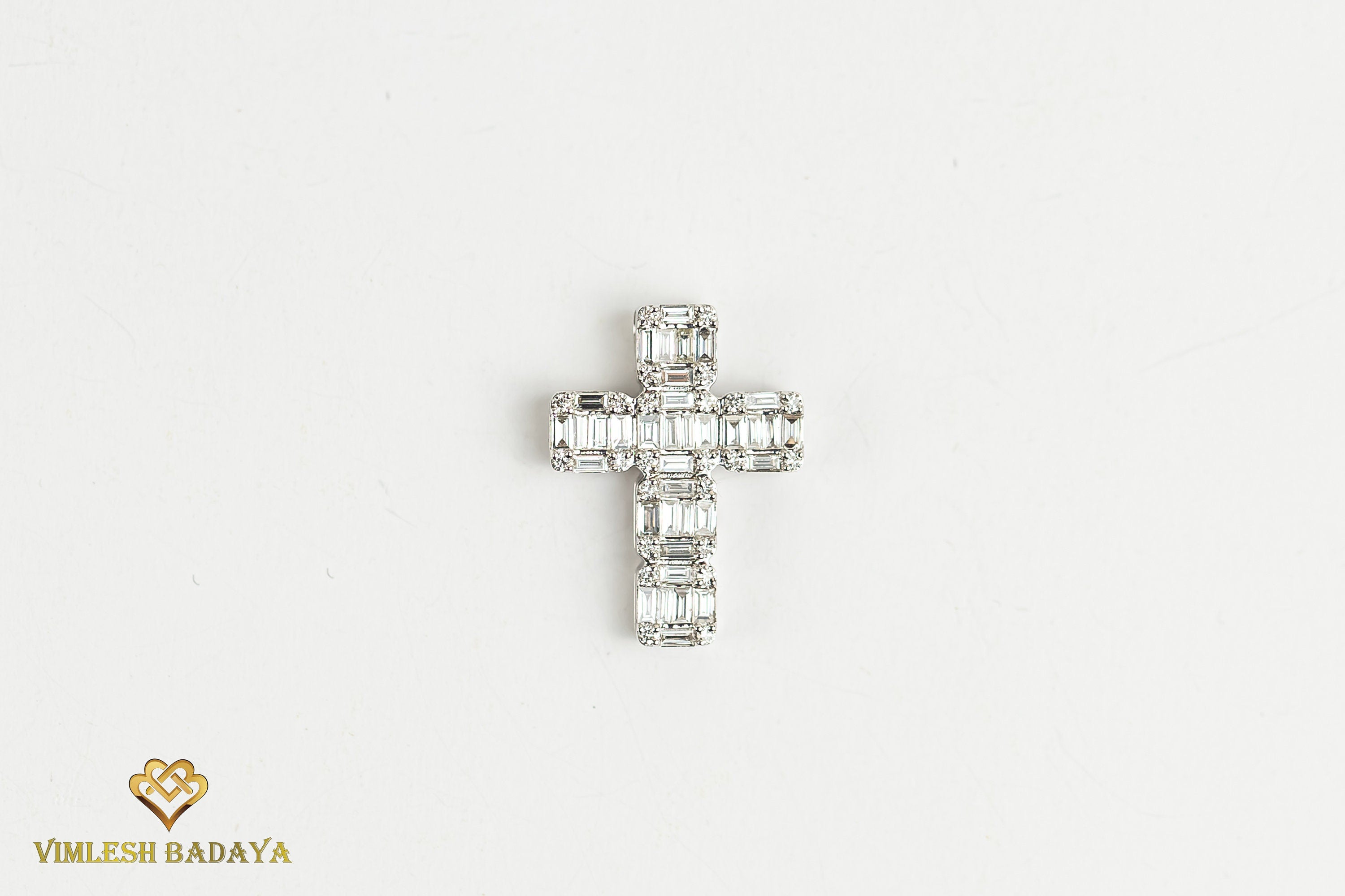 18k White Gold Diamond Cross Pendant | Baguette & Round Cut Christian Crucifix Pendant | Illusion Setting Religious Pendant -