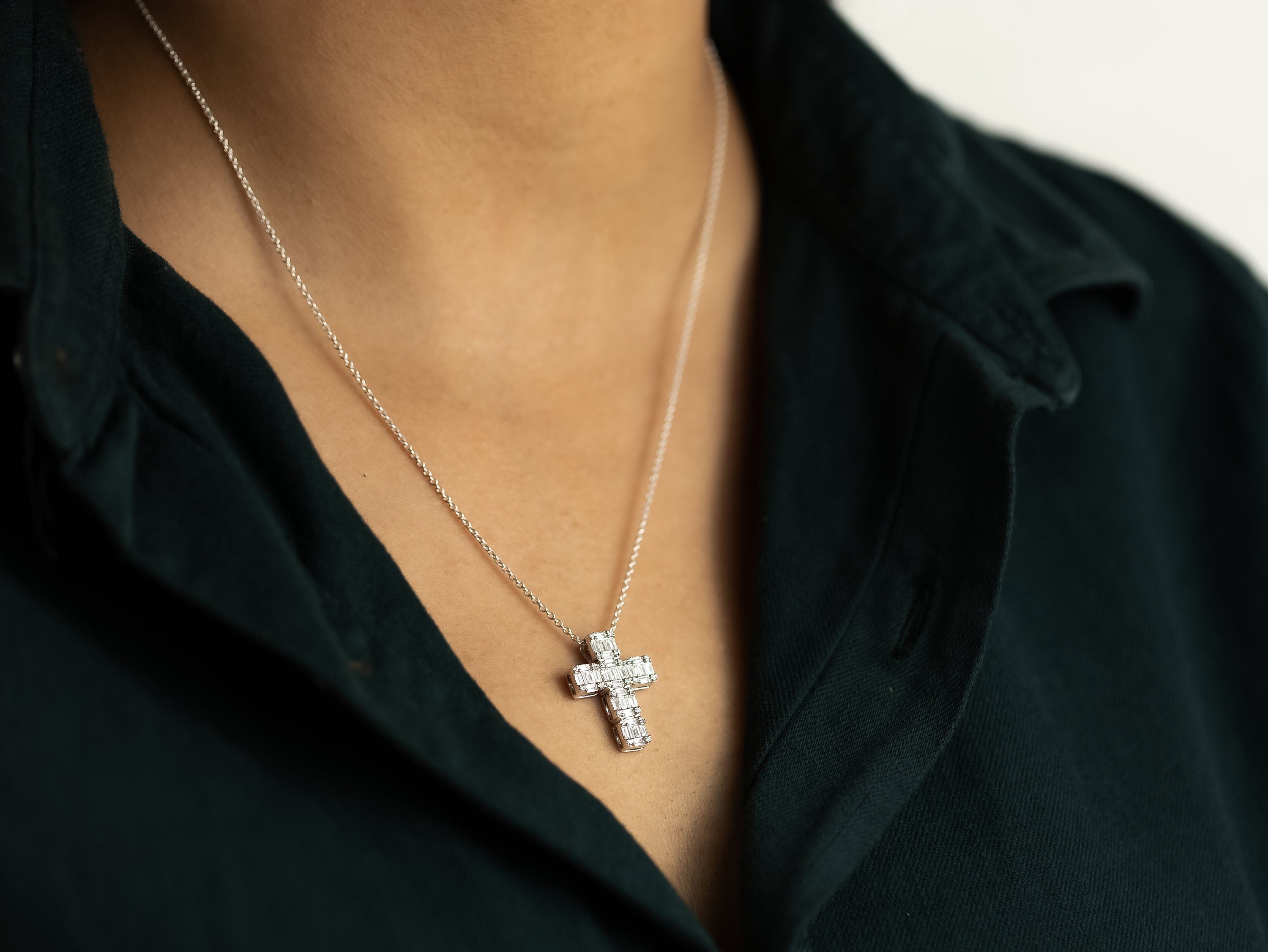 18k White Gold Diamond Cross Pendant | Baguette & Round Cut Christian Crucifix Pendant | Illusion Setting Religious Pendant -
