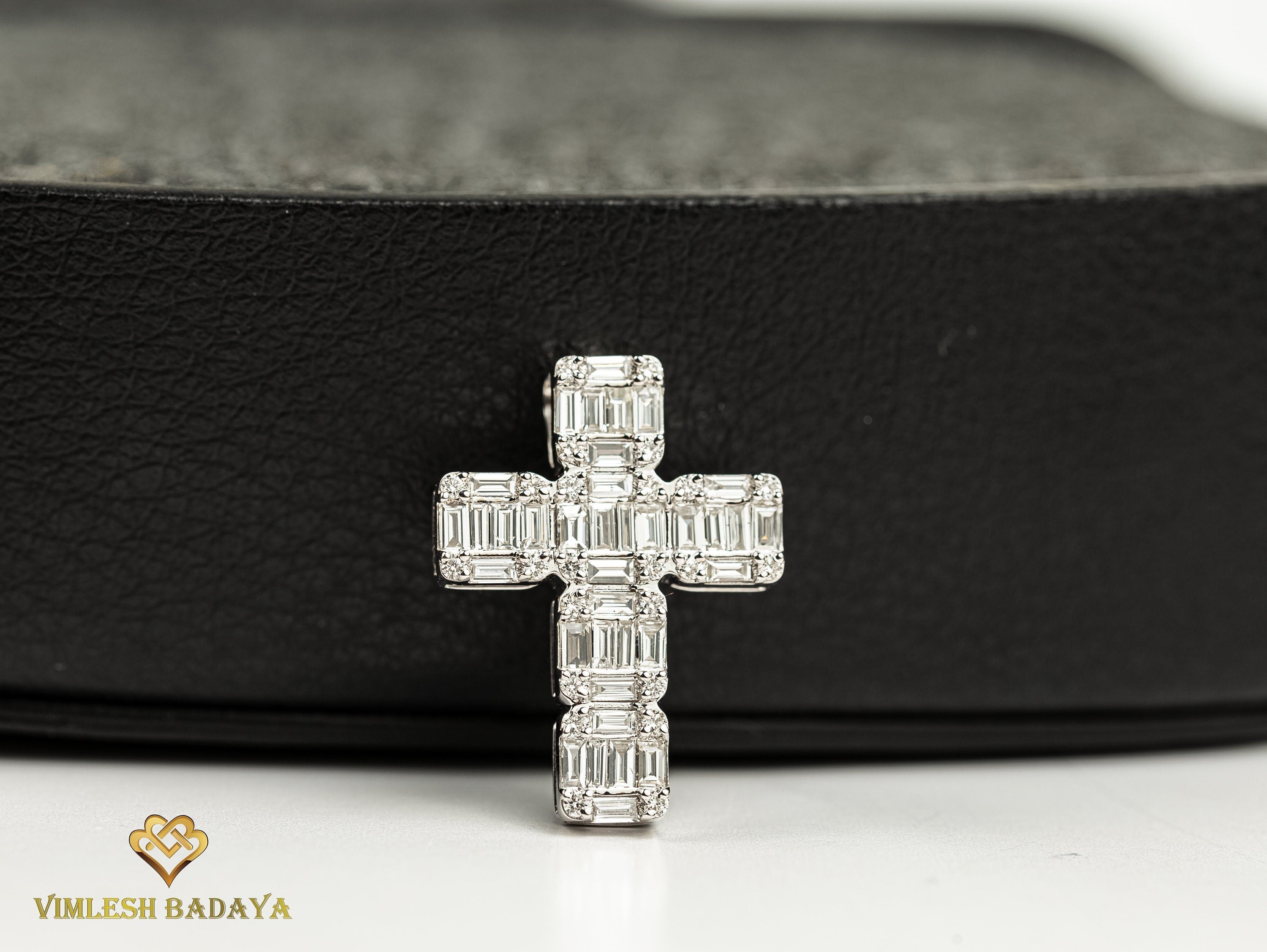 18k White Gold Diamond Cross Pendant | Baguette & Round Cut Christian Crucifix Pendant | Illusion Setting Religious Pendant -