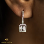 Invisible Set Diamond Halo Dangle Earrings | Gold Baguette & Round Cut Diamonds | Bridal Gift for Her -